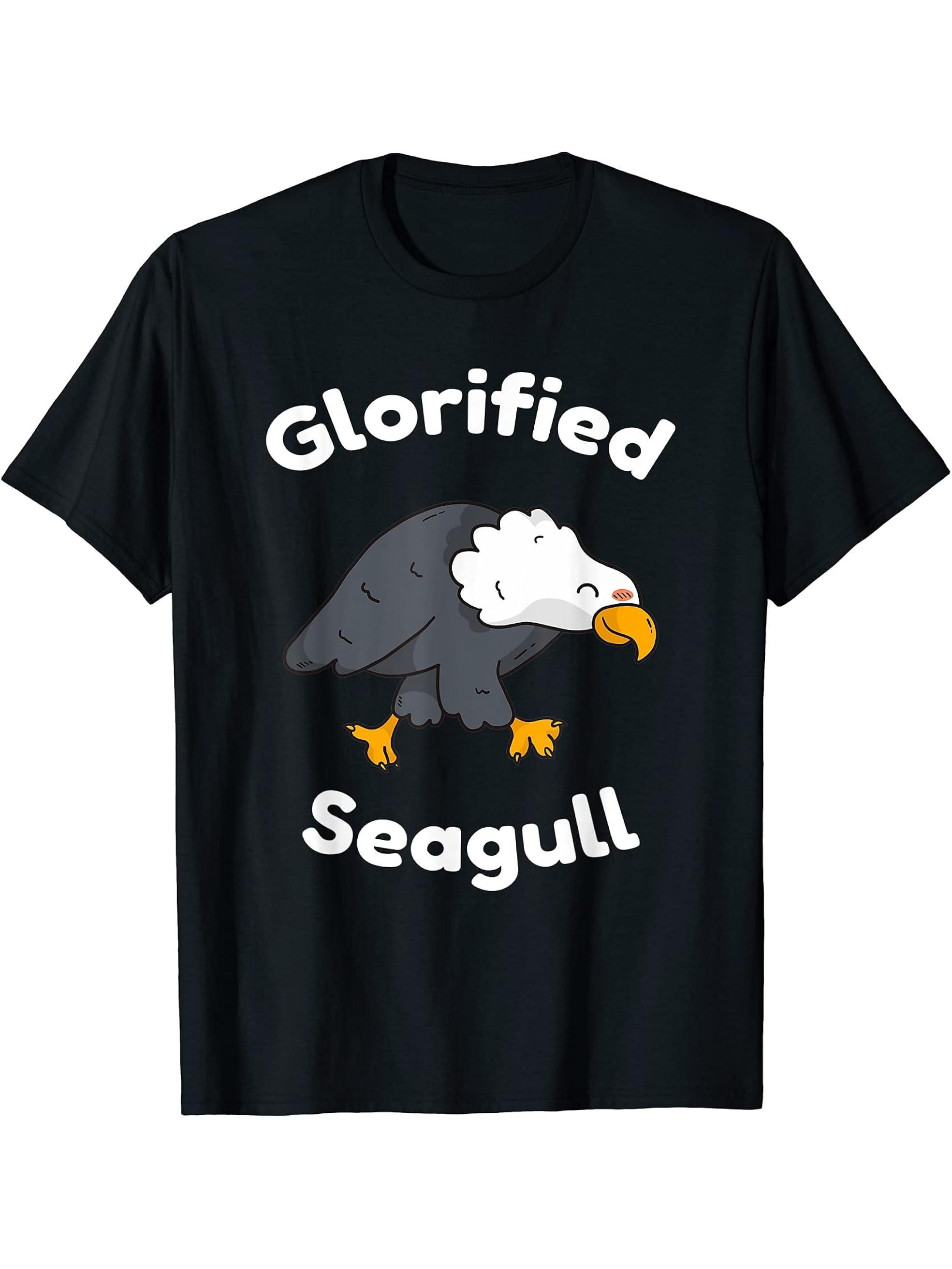 Funny "Glorified Seagull" Patriotic USA national Bald Eagle T-Shirt 180G 100% Cotton Printed Round Neck Short-Sleeve T-Shirt, Gifts for Men Dad Husband Grandpa, S-XXXL, Black