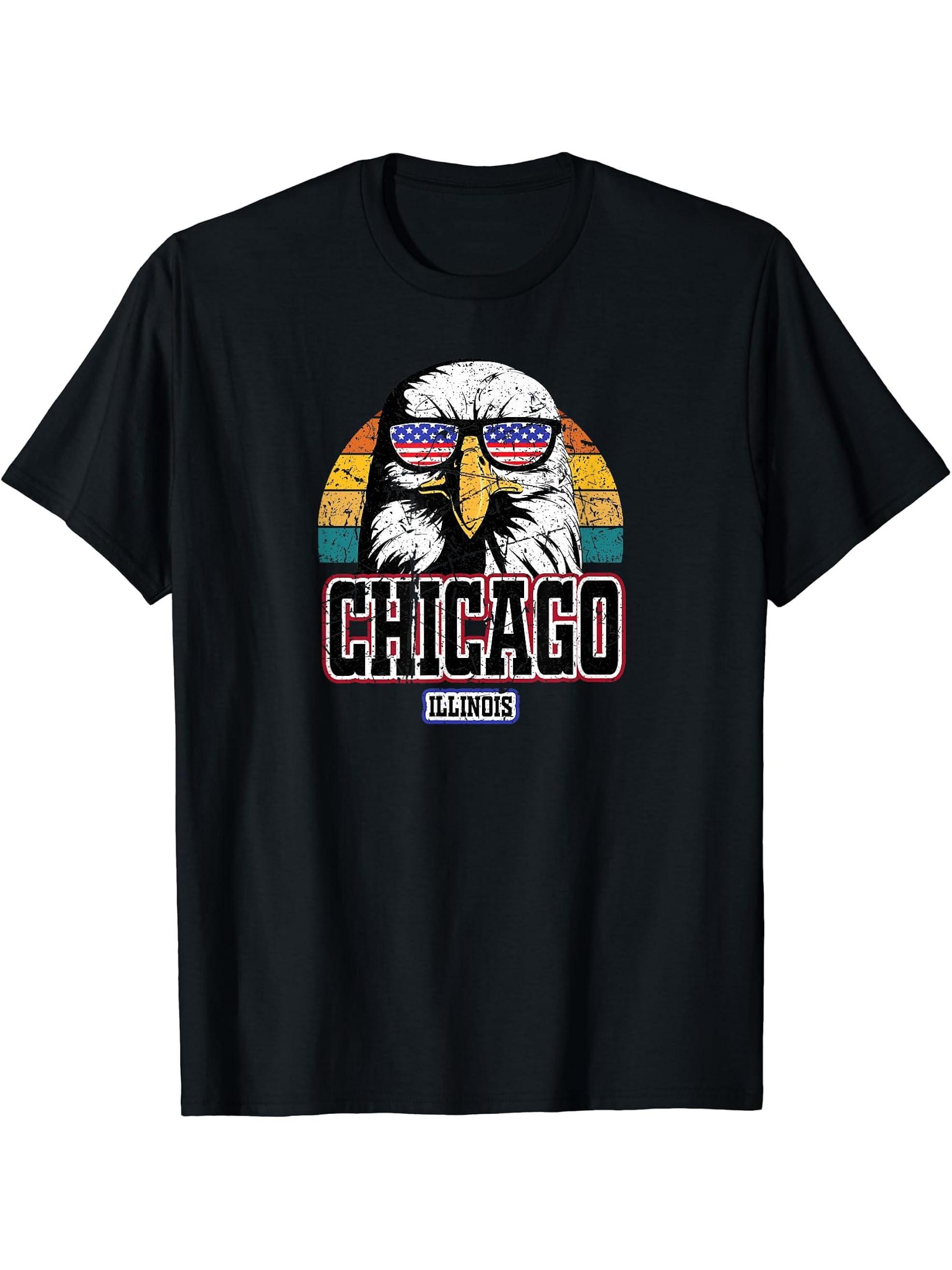 Chicago Illinois America Flag Men Women Boy Girl USA Bald Eagle T-Shirt 180G 100% Cotton Printed Round Neck Short-Sleeve T-Shirt, Gifts for Men Dad Husband Grandpa, S-XXXL, Black