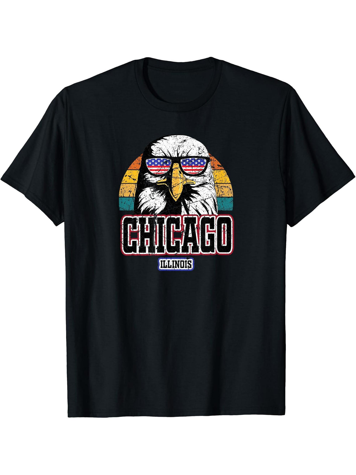 Chicago Illinois America Flag Men Women Boy Girl USA Bald Eagle T-Shirt 180G 100% Cotton Printed Round Neck Short-Sleeve T-Shirt, Gifts for Men Dad Husband Grandpa, S-XXXL, Black