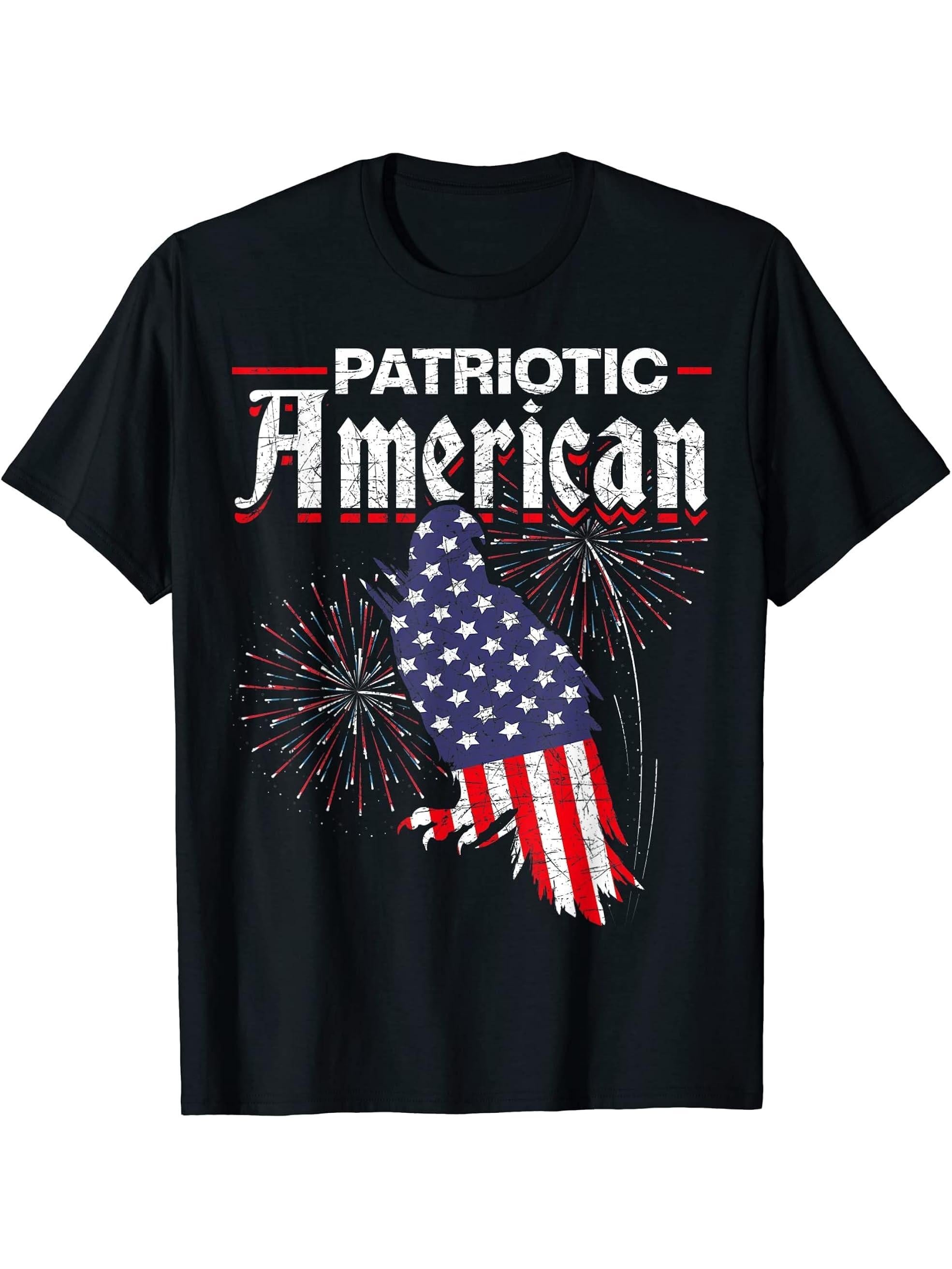 Fireworks Patriotic American Bald Eagle US Flag 4th Of July T-Shirt 180G 100% Cotton Printed Round Neck Short-Sleeve T-Shirt, Gifts for Men Dad Husband Grandpa, S-XXXL, Black