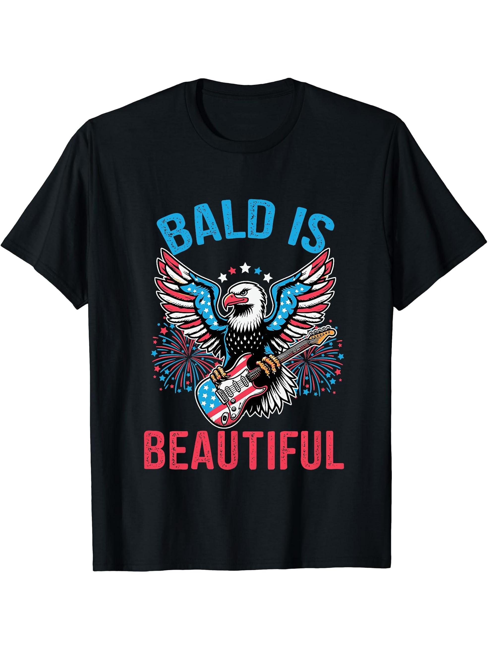 Funny Bald Is Beautiful Independence Day America Eagle Men T-Shirt 180G 100% Cotton Printed Round Neck Short-Sleeve T-Shirt, Gifts for Men Dad Husband Grandpa, S-XXXL, Black