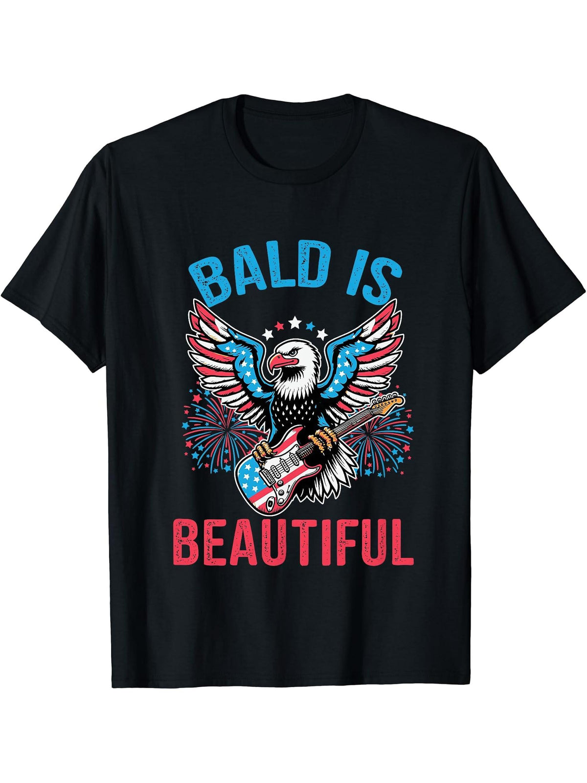 Funny Bald Is Beautiful Independence Day America Eagle Men T-Shirt 180G 100% Cotton Printed Round Neck Short-Sleeve T-Shirt, Gifts for Men Dad Husband Grandpa, S-XXXL, Black