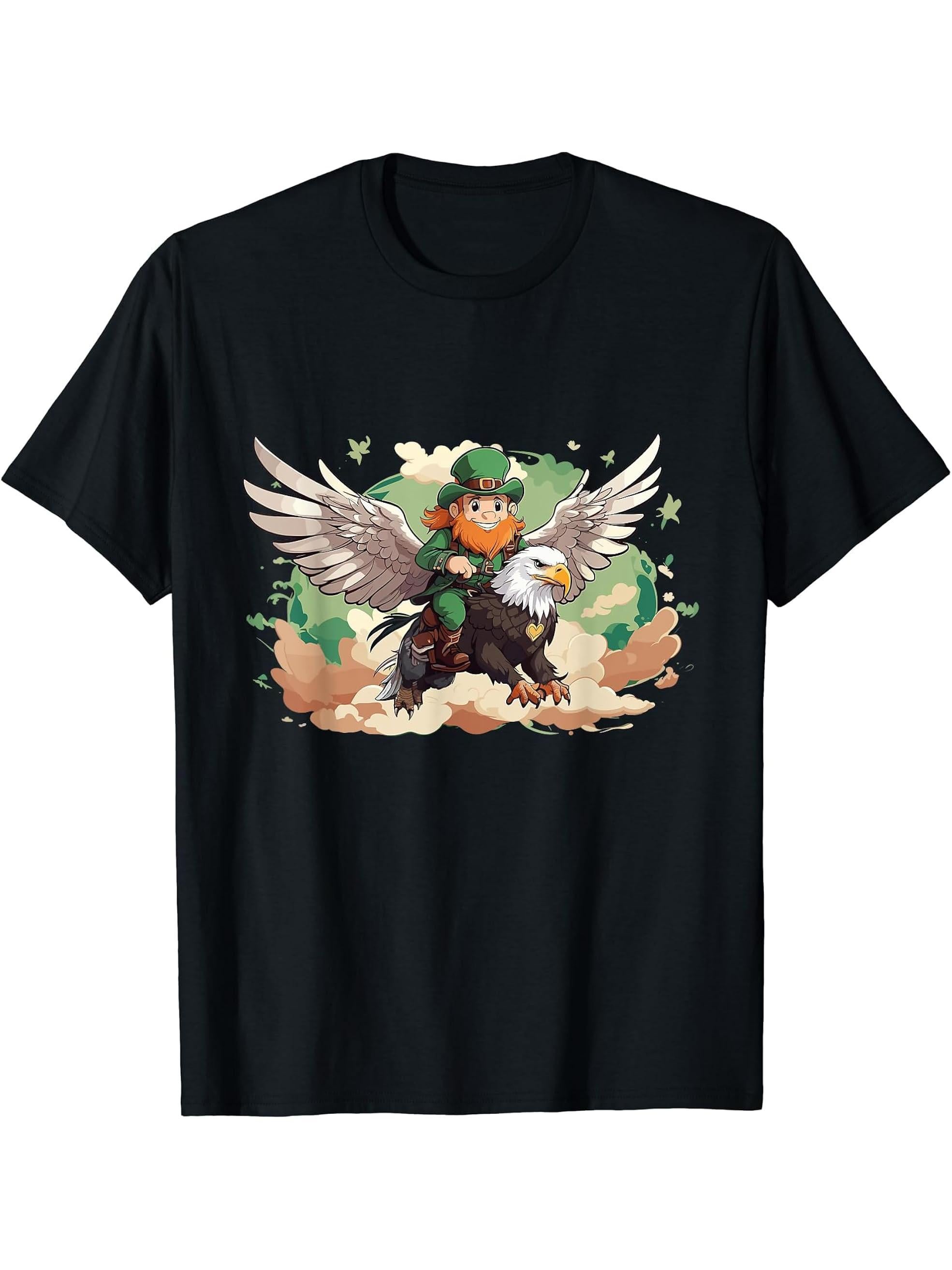 funny St Patricks irish leprechaun on an american bald eagle T-Shirt 180G 100% Cotton Printed Round Neck Short-Sleeve T-Shirt, Gifts for Men Dad Husband Grandpa, S-XXXL, Black