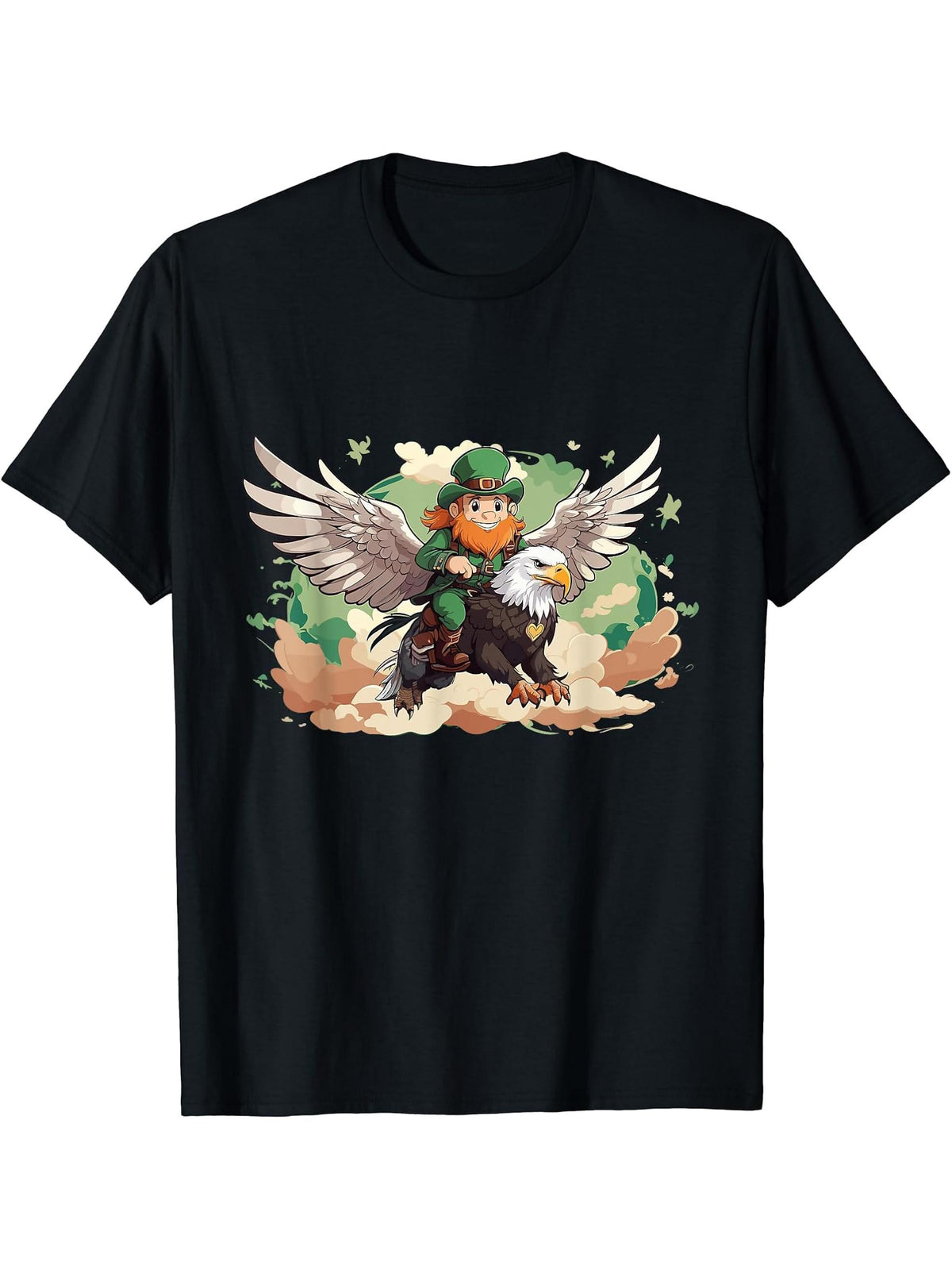 funny St Patricks irish leprechaun on an american bald eagle T-Shirt 180G 100% Cotton Printed Round Neck Short-Sleeve T-Shirt, Gifts for Men Dad Husband Grandpa, S-XXXL, Black