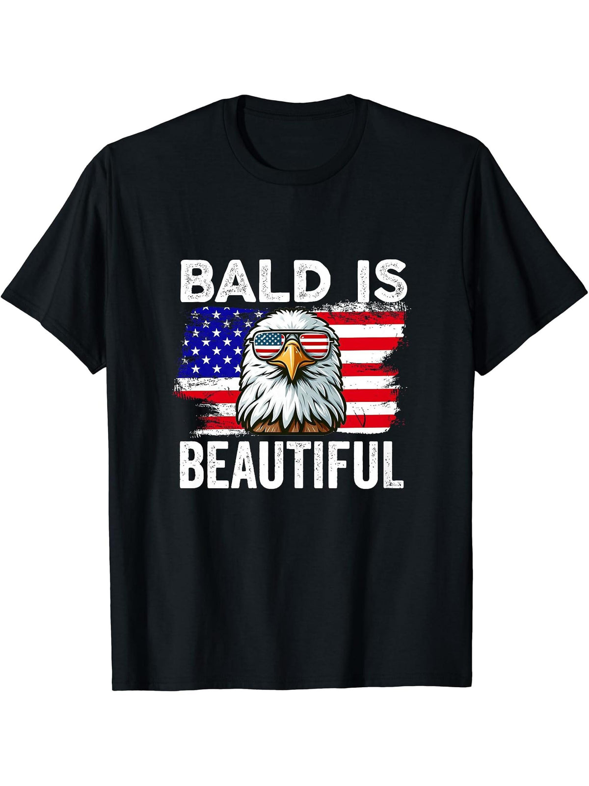 Bald Is Beautiful USA Eagle 4th of July American Flag T-Shirt 180G 100% Cotton Printed Round Neck Short-Sleeve T-Shirt, Gifts for Men Dad Husband Grandpa, S-XXXL, Black