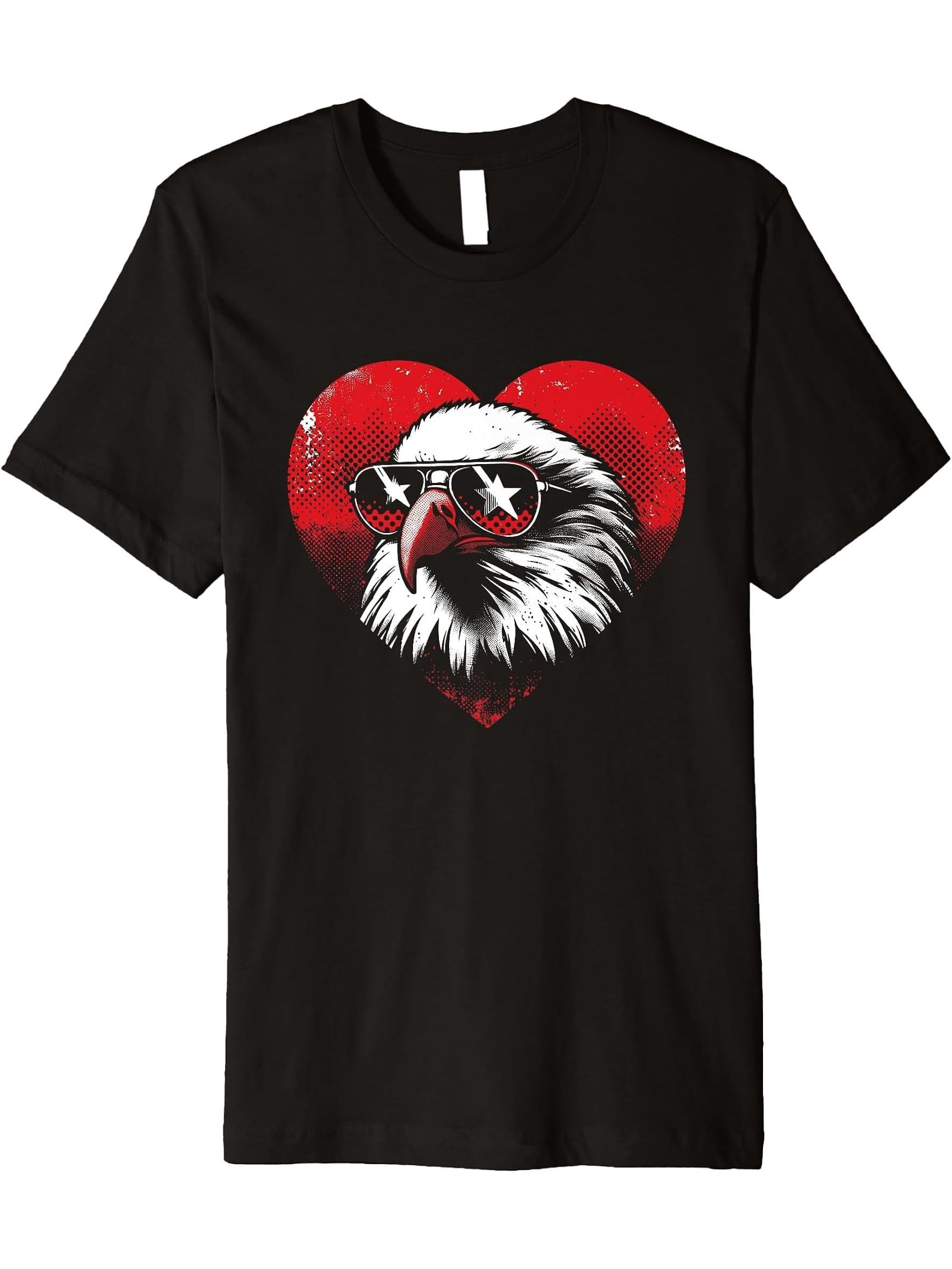 Bald Eagle Heart - Vintage Cool Eagle Bird Lover Premium T-Shirt 180G 100% Cotton Printed Round Neck Short-Sleeve T-Shirt, Gifts for Men Dad Husband Grandpa, S-XXXL, Black