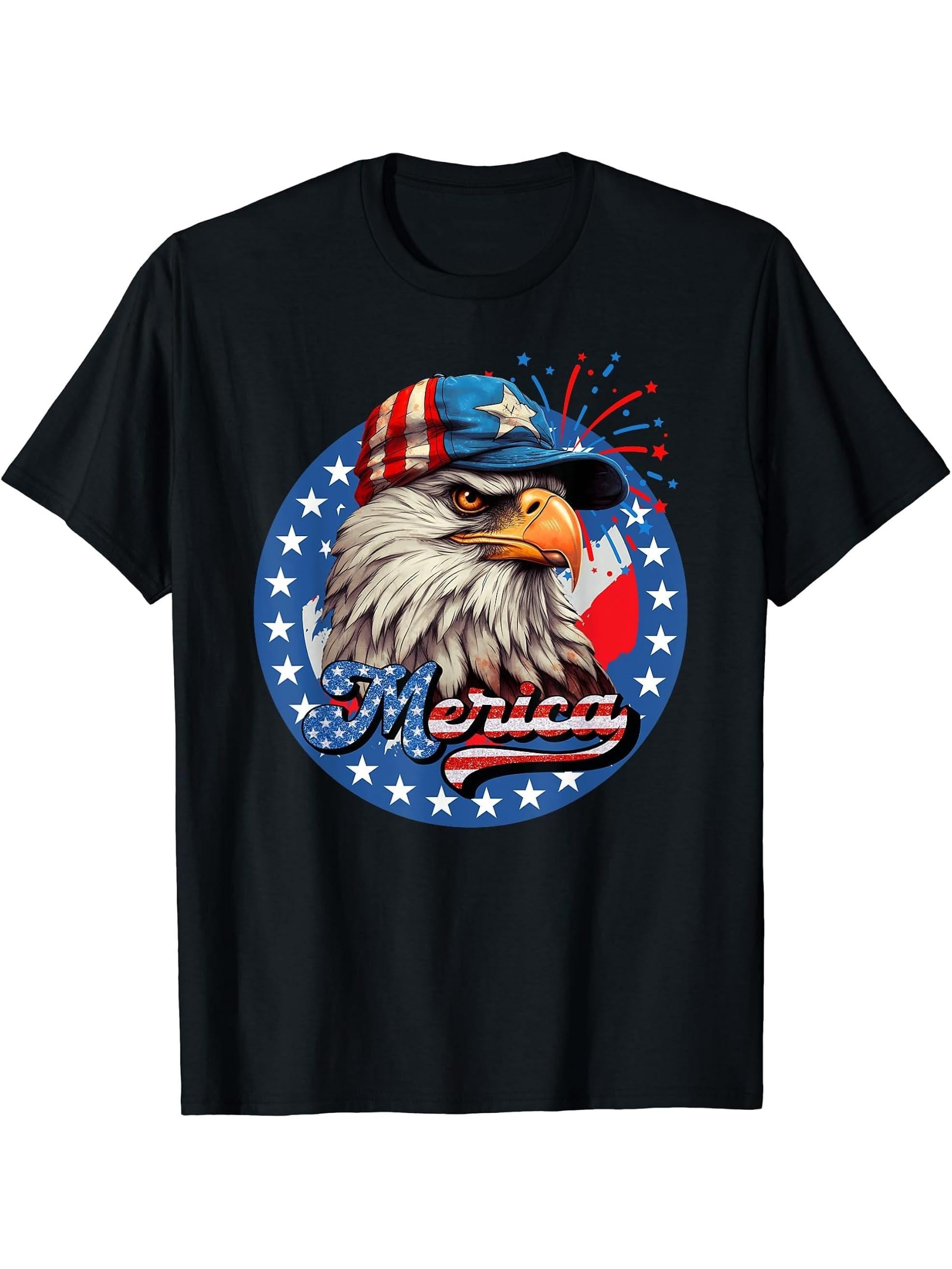 American Bald Eagle With Hat July 4th 1776 Tee T-Shirt 180G 100% Cotton Printed Round Neck Short-Sleeve T-Shirt, Gifts for Men Dad Husband Grandpa, S-XXXL, Black