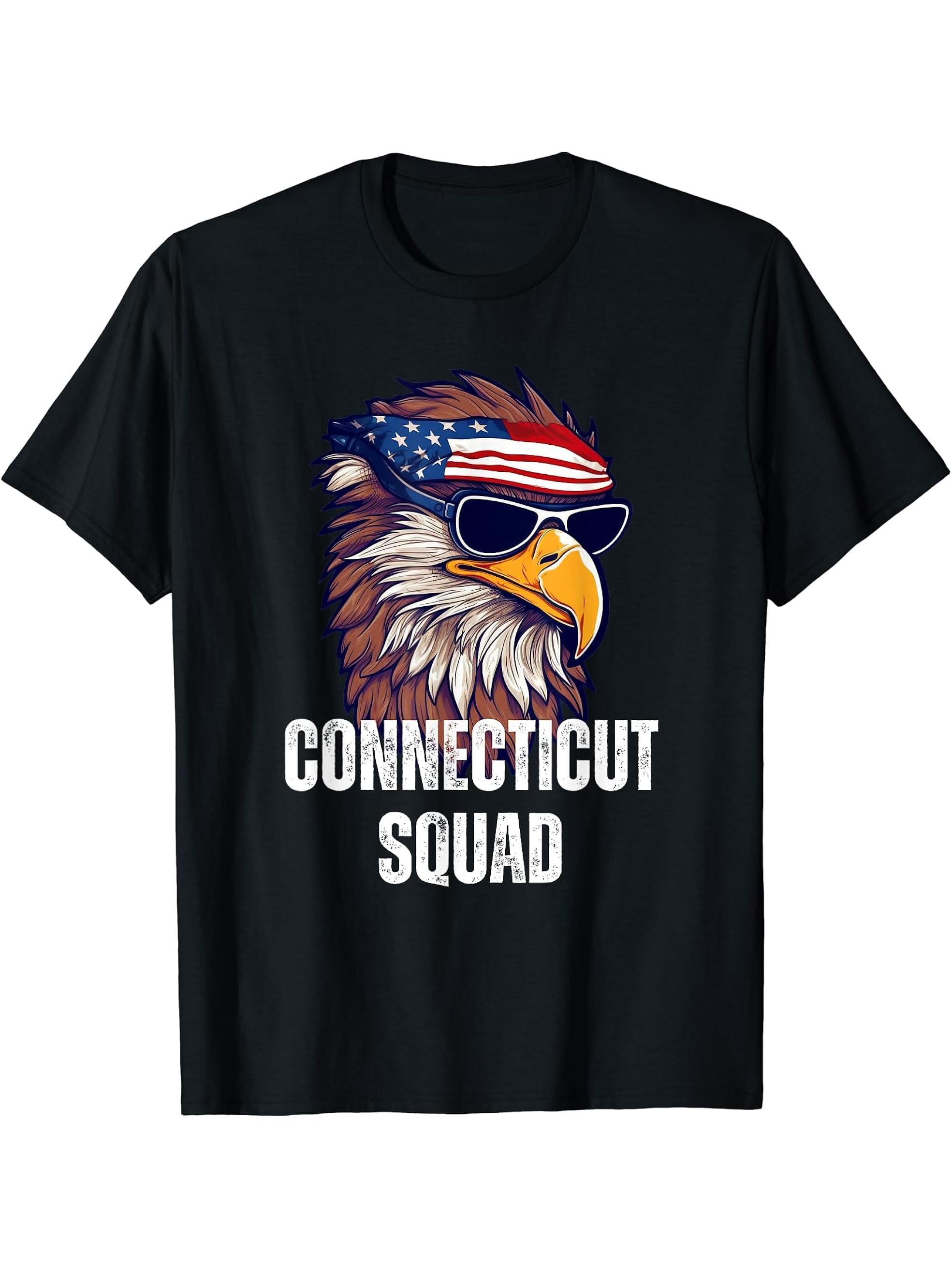 Connecticut Squad - Retro Bald Eagle American Flag Bandana T-Shirt 180G 100% Cotton Printed Round Neck Short-Sleeve T-Shirt, Gifts for Men Dad Husband Grandpa, S-XXXL, Black