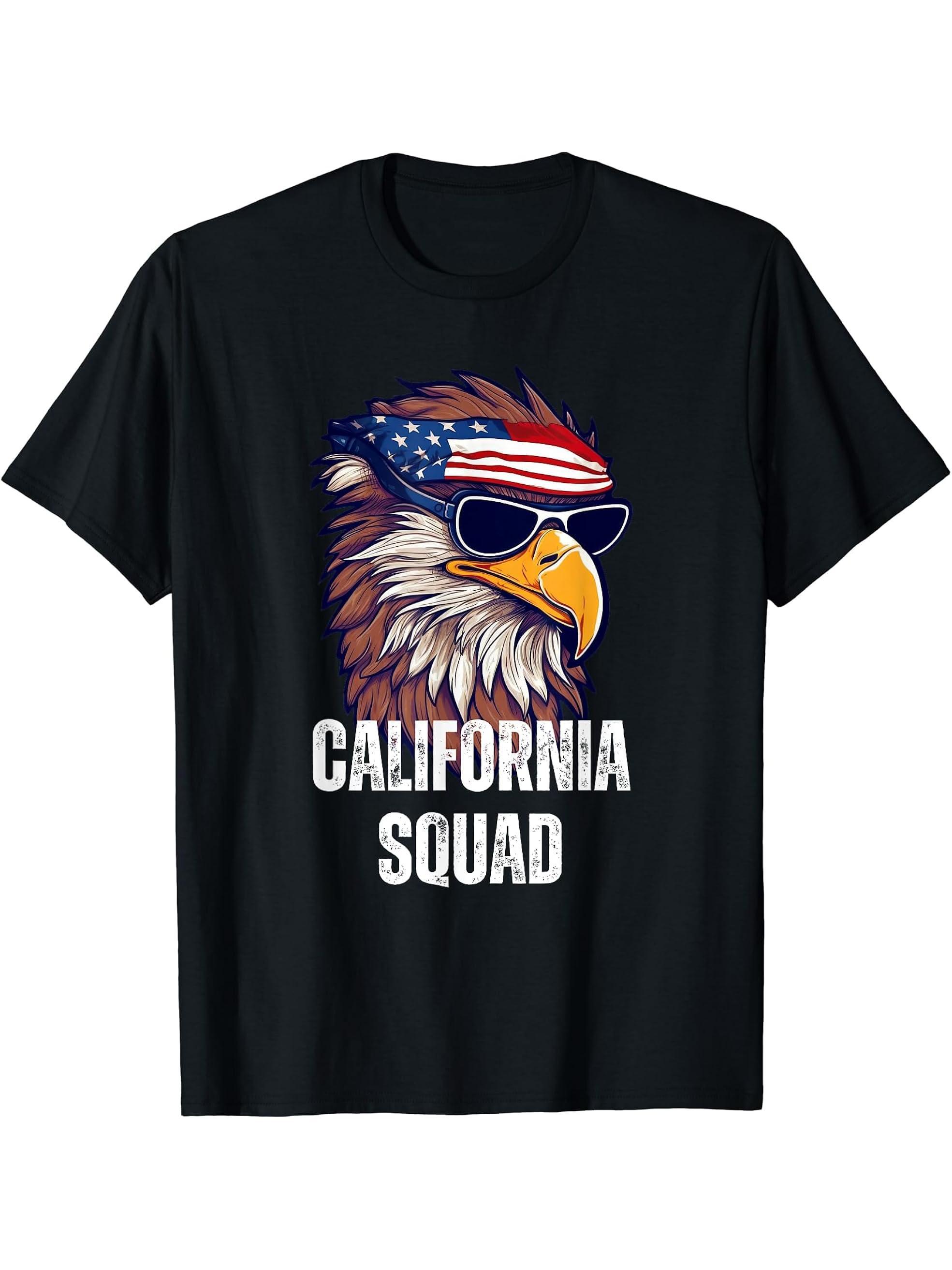 California Squad - Retro Bald Eagle American Flag Bandana T-Shirt 180G 100% Cotton Printed Round Neck Short-Sleeve T-Shirt, Gifts for Men Dad Husband Grandpa, S-XXXL, Black