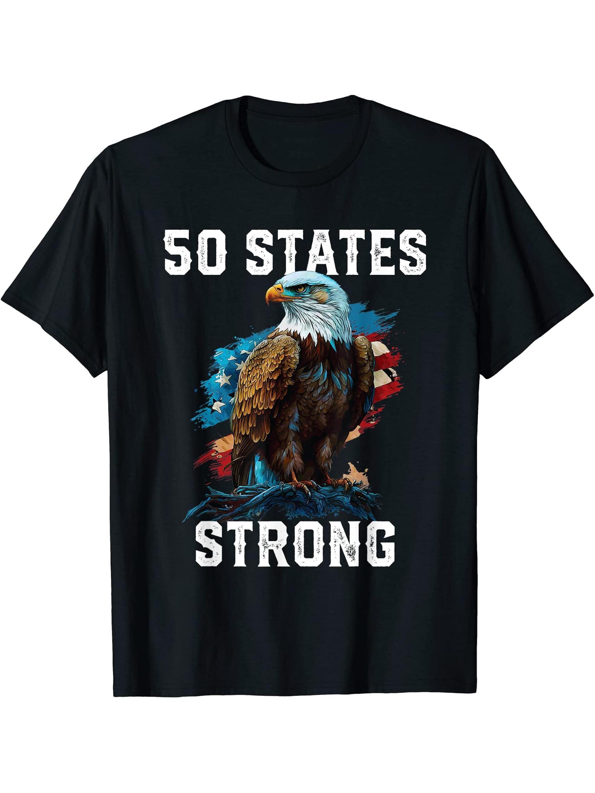 50 States Strong American Bald Eagle America 4th Of July T-Shirt 180G 100% Cotton Printed Round Neck Short-Sleeve T-Shirt, Gifts for Men Dad Husband Grandpa, S-XXXL, Black