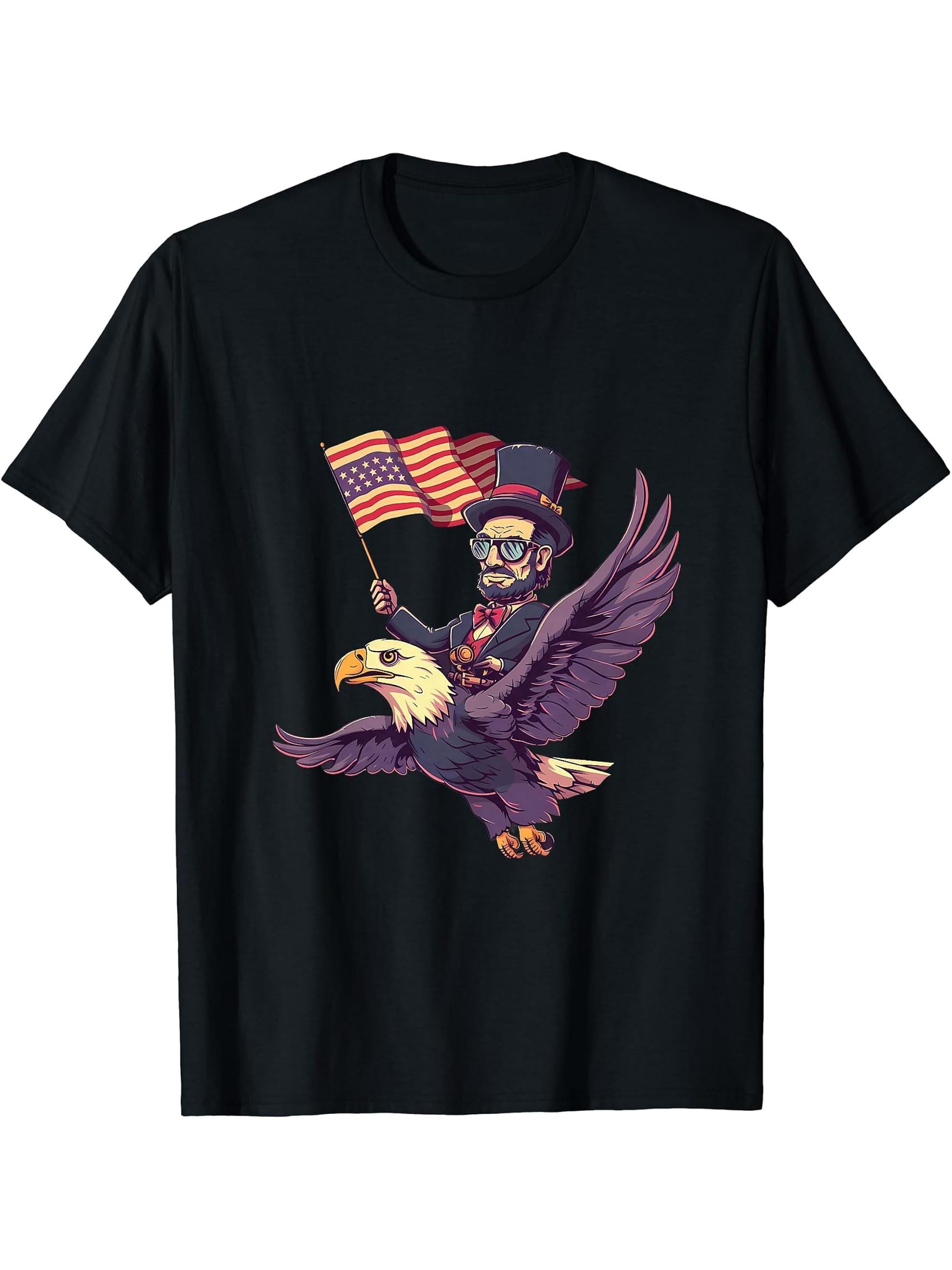 Fourth Of July Abraham Lincoln Bald Eagle American Flag T-Shirt 180G 100% Cotton Printed Round Neck Short-Sleeve T-Shirt, Gifts for Men Dad Husband Grandpa, S-XXXL, Black