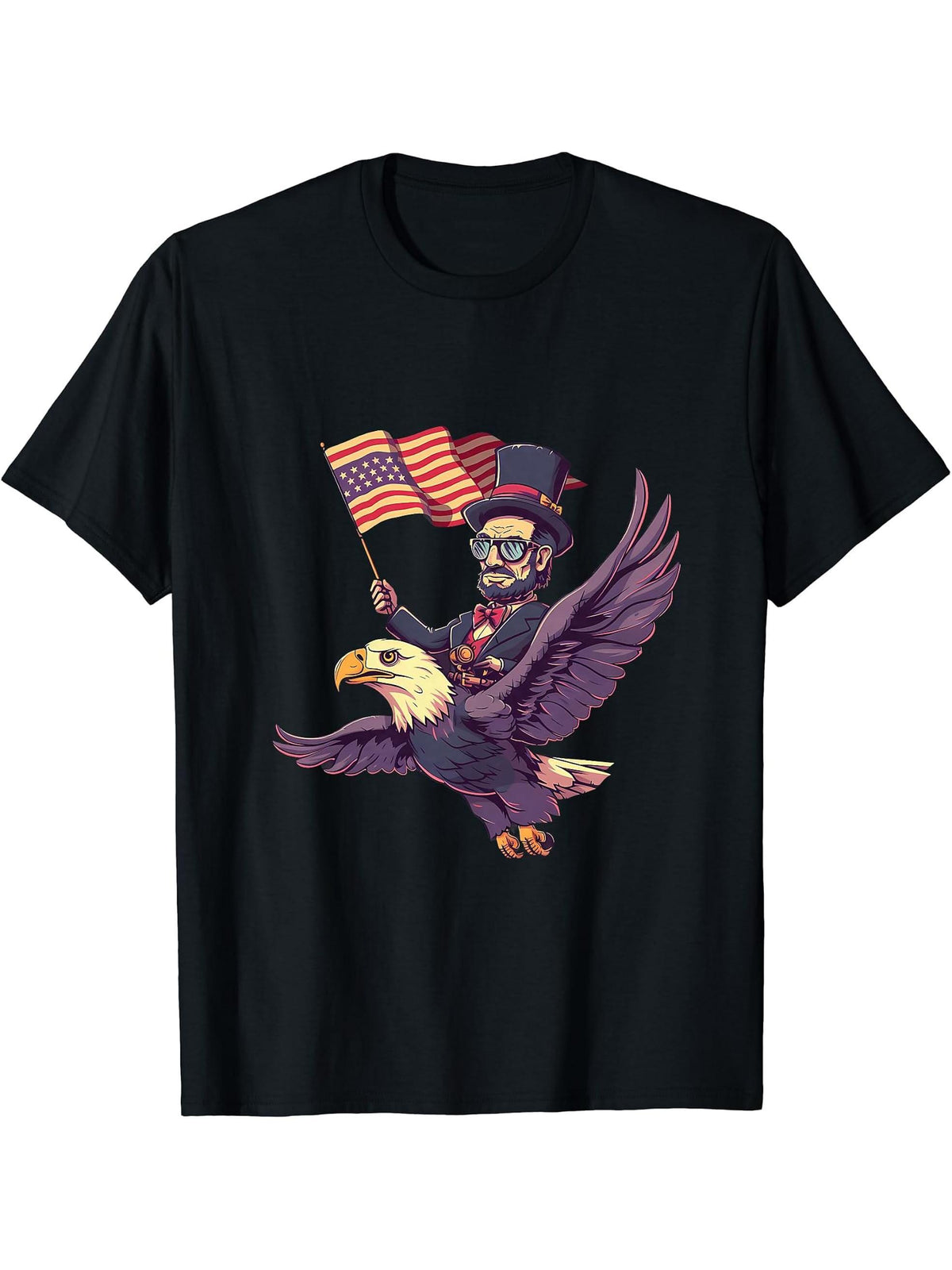 Fourth Of July Abraham Lincoln Bald Eagle American Flag T-Shirt 180G 100% Cotton Printed Round Neck Short-Sleeve T-Shirt, Gifts for Men Dad Husband Grandpa, S-XXXL, Black