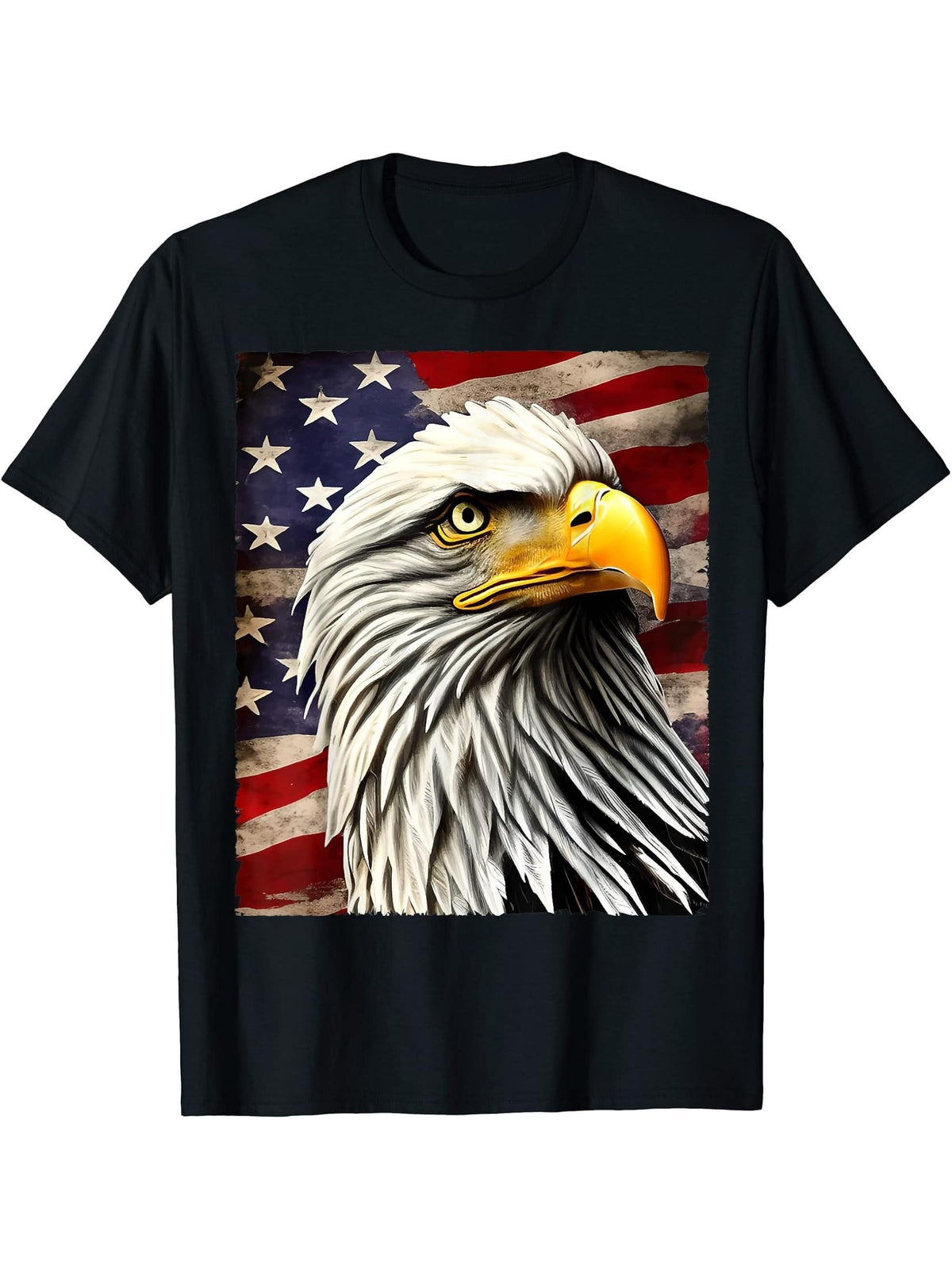 Bald Eagle USA Flag Realistic Painting American 4th of July T-Shirt 180G 100% Cotton Printed Round Neck Short-Sleeve T-Shirt, Gifts for Men Dad Husband Grandpa, S-XXXL, Black