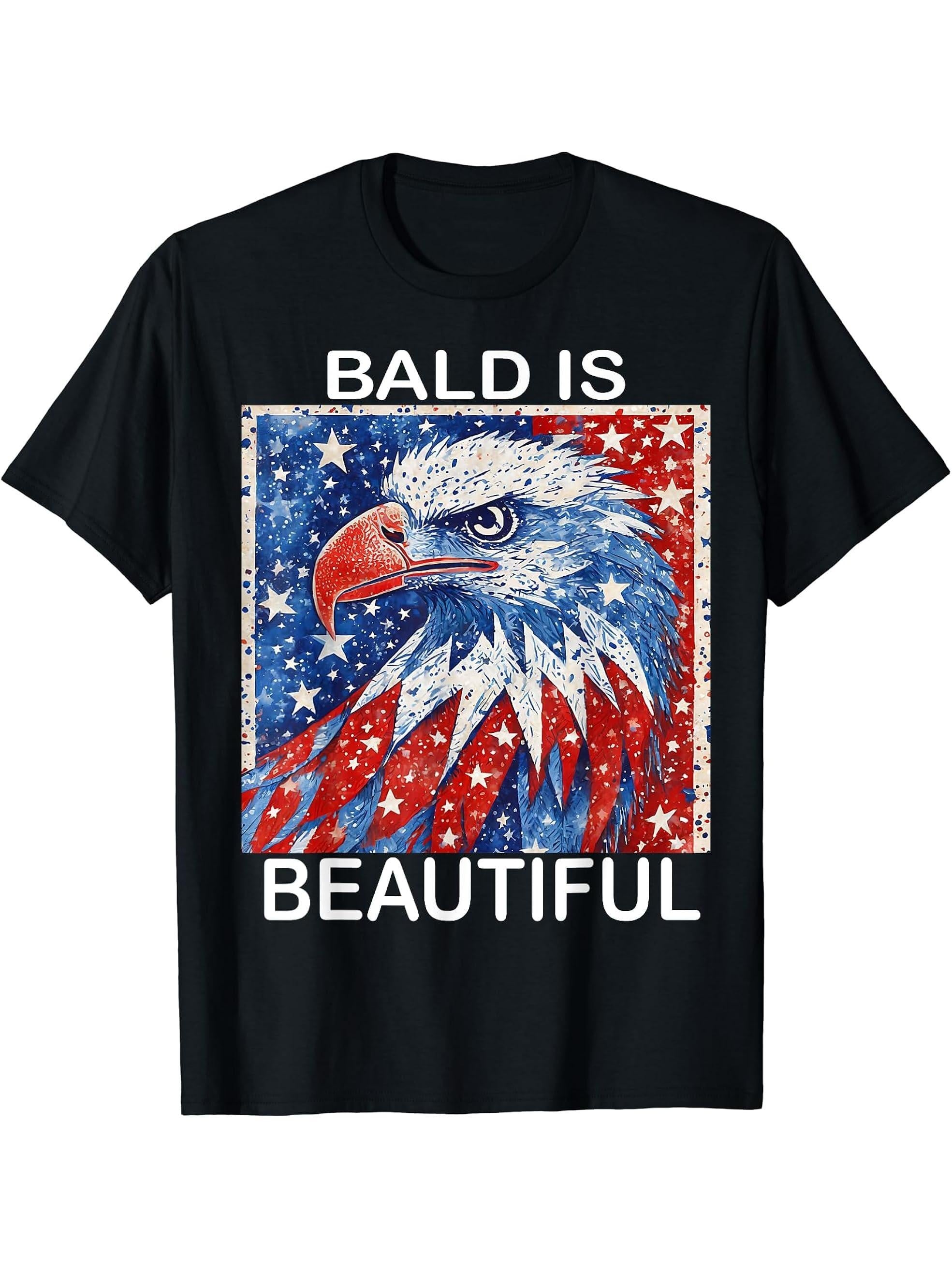 Bald is Beautiful Patriotic 4th of July Bald Eagle Design T-Shirt 180G 100% Cotton Printed Round Neck Short-Sleeve T-Shirt, Gifts for Men Dad Husband Grandpa, S-XXXL, Black