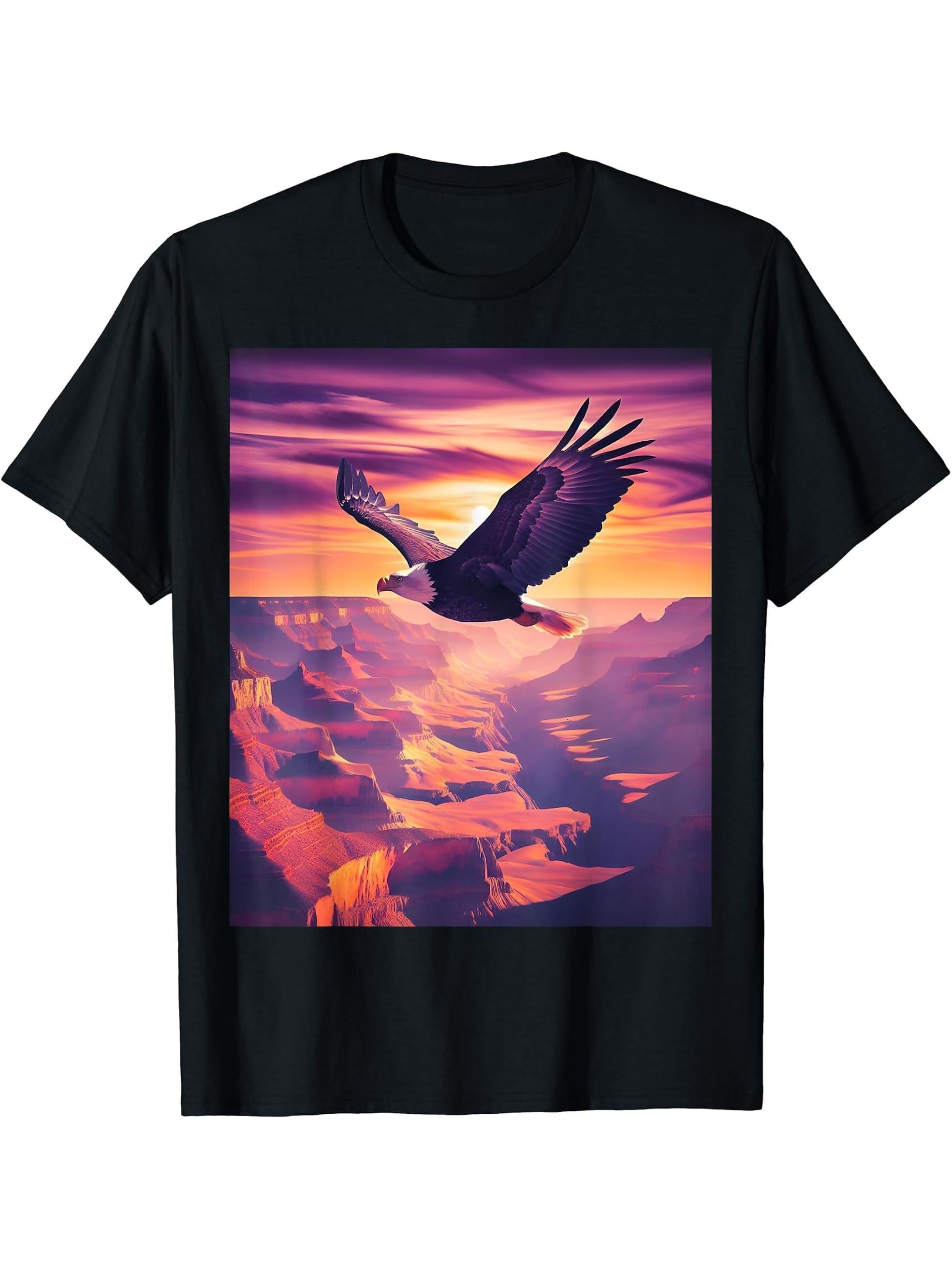 Bald Eagle Grand Canyon Backdrop T-Shirt 180G 100% Cotton Printed Round Neck Short-Sleeve T-Shirt, Gifts for Men Dad Husband Grandpa, S-XXXL, Black