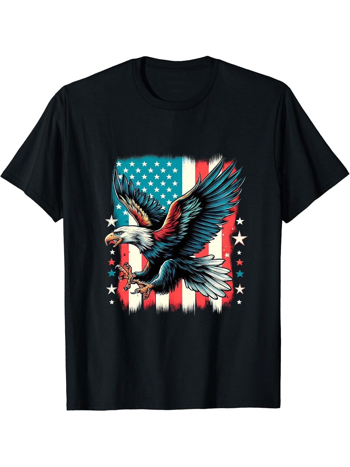 Bald Eagle Patriotic American Flag 4th Of July T-Shirt 180G 100% Cotton Printed Round Neck Short-Sleeve T-Shirt, Gifts for Men Dad Husband Grandpa, S-XXXL, Black