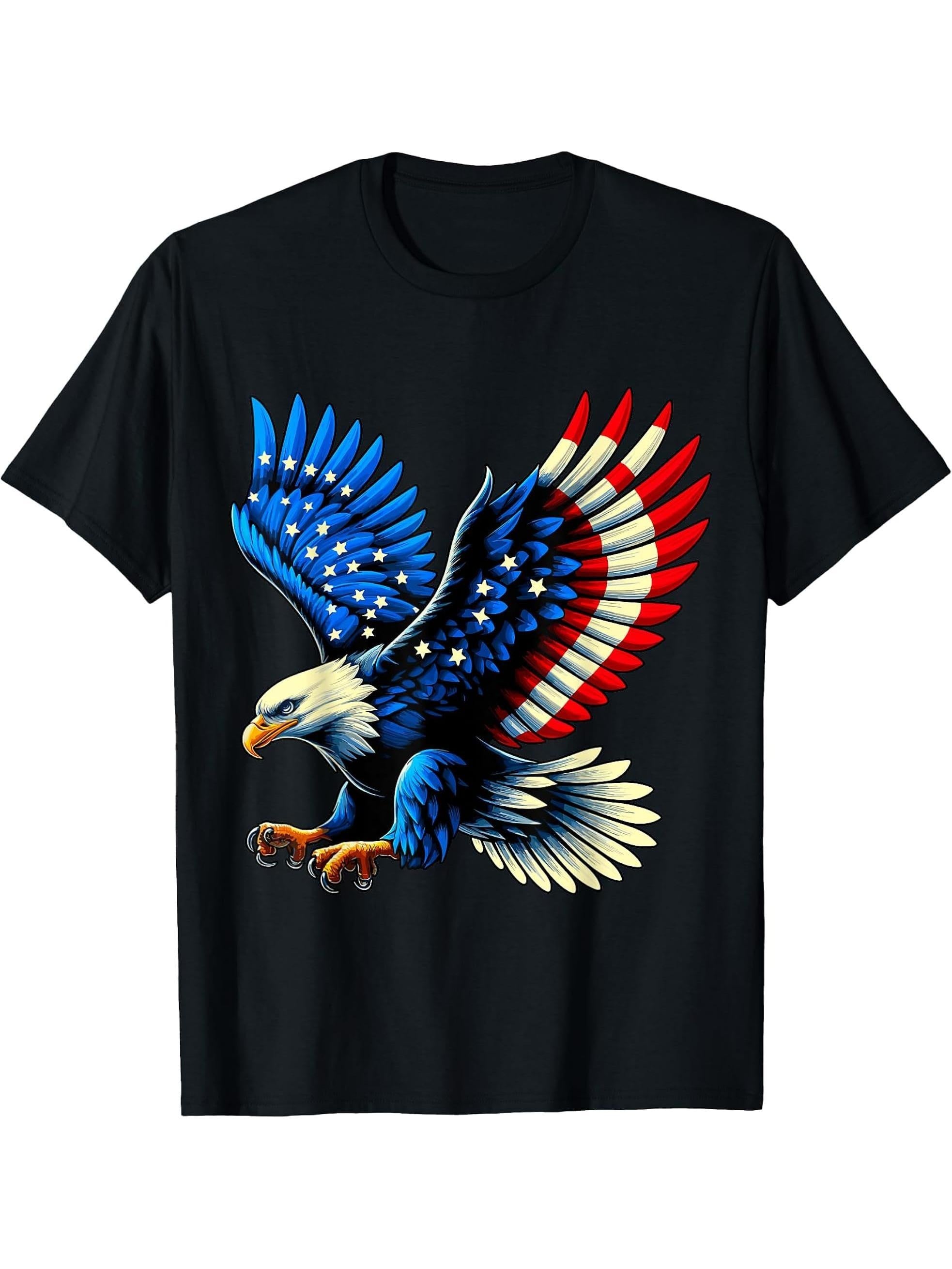 American Bald Eagle USA Flag 4th of July T-Shirt 180G 100% Cotton Printed Round Neck Short-Sleeve T-Shirt, Gifts for Men Dad Husband Grandpa, S-XXXL, Black