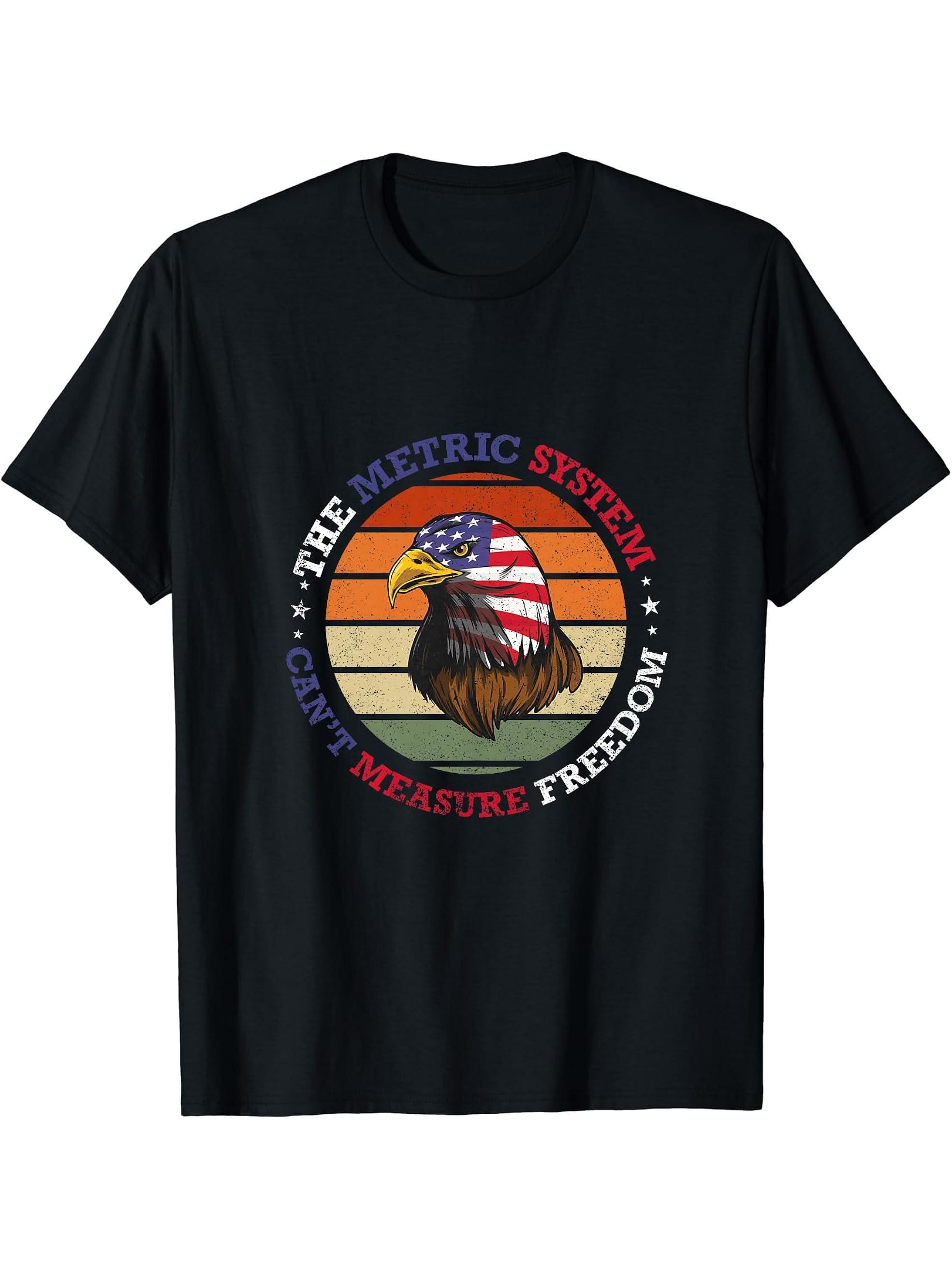 4th of July Metric System Can't Measure Freedom Bald Eagle T-Shirt 180G 100% Cotton Printed Round Neck Short-Sleeve T-Shirt, Gifts for Men Dad Husband Grandpa, S-XXXL, Black