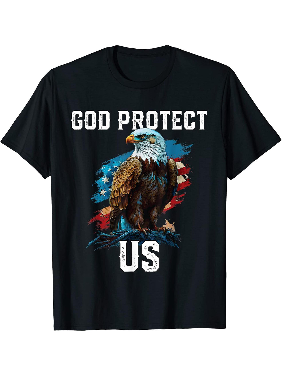 God Protect US American Bald Eagle Christian 4th Of July T-Shirt 180G 100% Cotton Printed Round Neck Short-Sleeve T-Shirt, Gifts for Men Dad Husband Grandpa, S-XXXL, Black