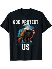God Protect US American Bald Eagle Christian 4th Of July T-Shirt 180G 100% Cotton Printed Round Neck Short-Sleeve T-Shirt, Gifts for Men Dad Husband Grandpa, S-XXXL, Black