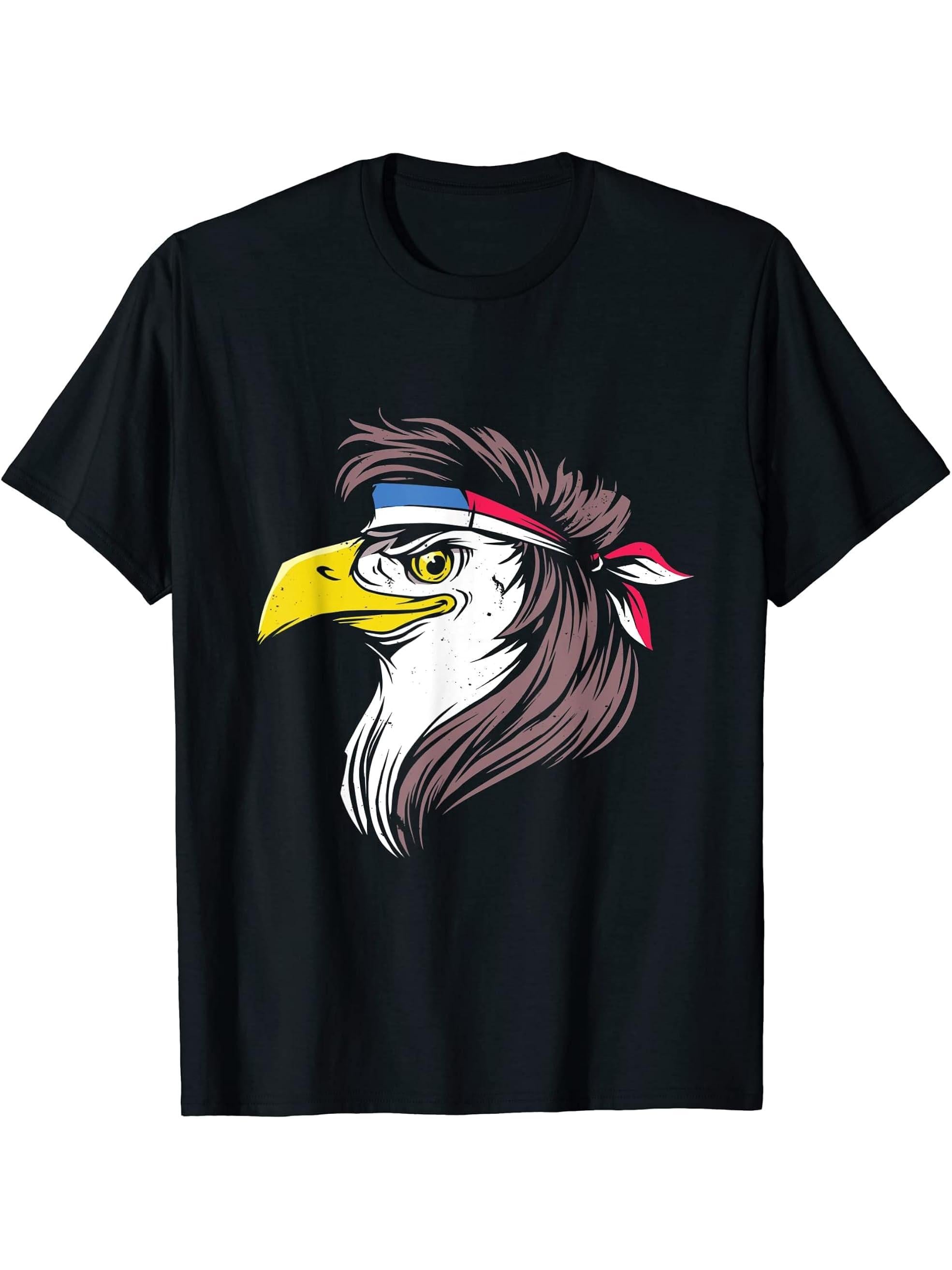 Eagle Mullet Funny Red White Blue American Flag Bald Hair T-Shirt 180G 100% Cotton Printed Round Neck Short-Sleeve T-Shirt, Gifts for Men Dad Husband Grandpa, S-XXXL, Black