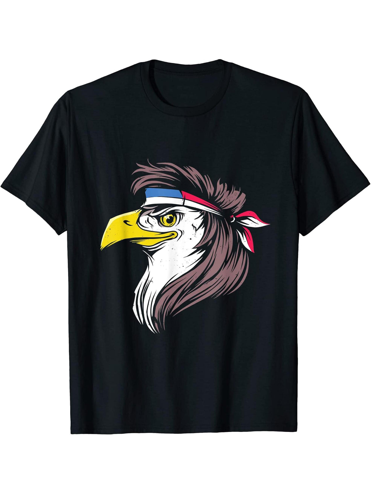 Eagle Mullet Funny Red White Blue American Flag Bald Hair T-Shirt 180G 100% Cotton Printed Round Neck Short-Sleeve T-Shirt, Gifts for Men Dad Husband Grandpa, S-XXXL, Black