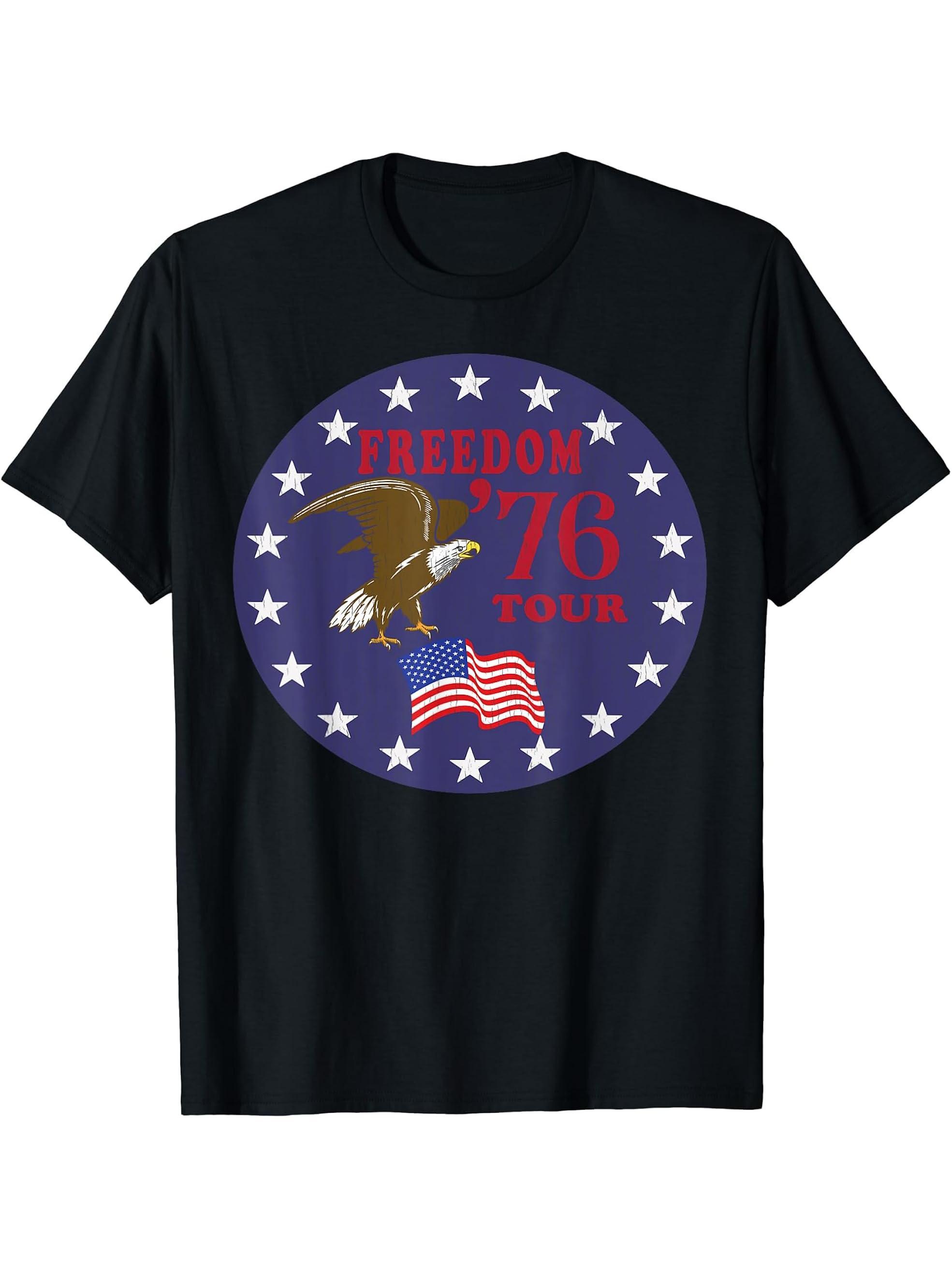 Freedom Tour 1776 American Bald Eagle Conservative Patriot T-Shirt 180G 100% Cotton Printed Round Neck Short-Sleeve T-Shirt, Gifts for Men Dad Husband Grandpa, S-XXXL, Black