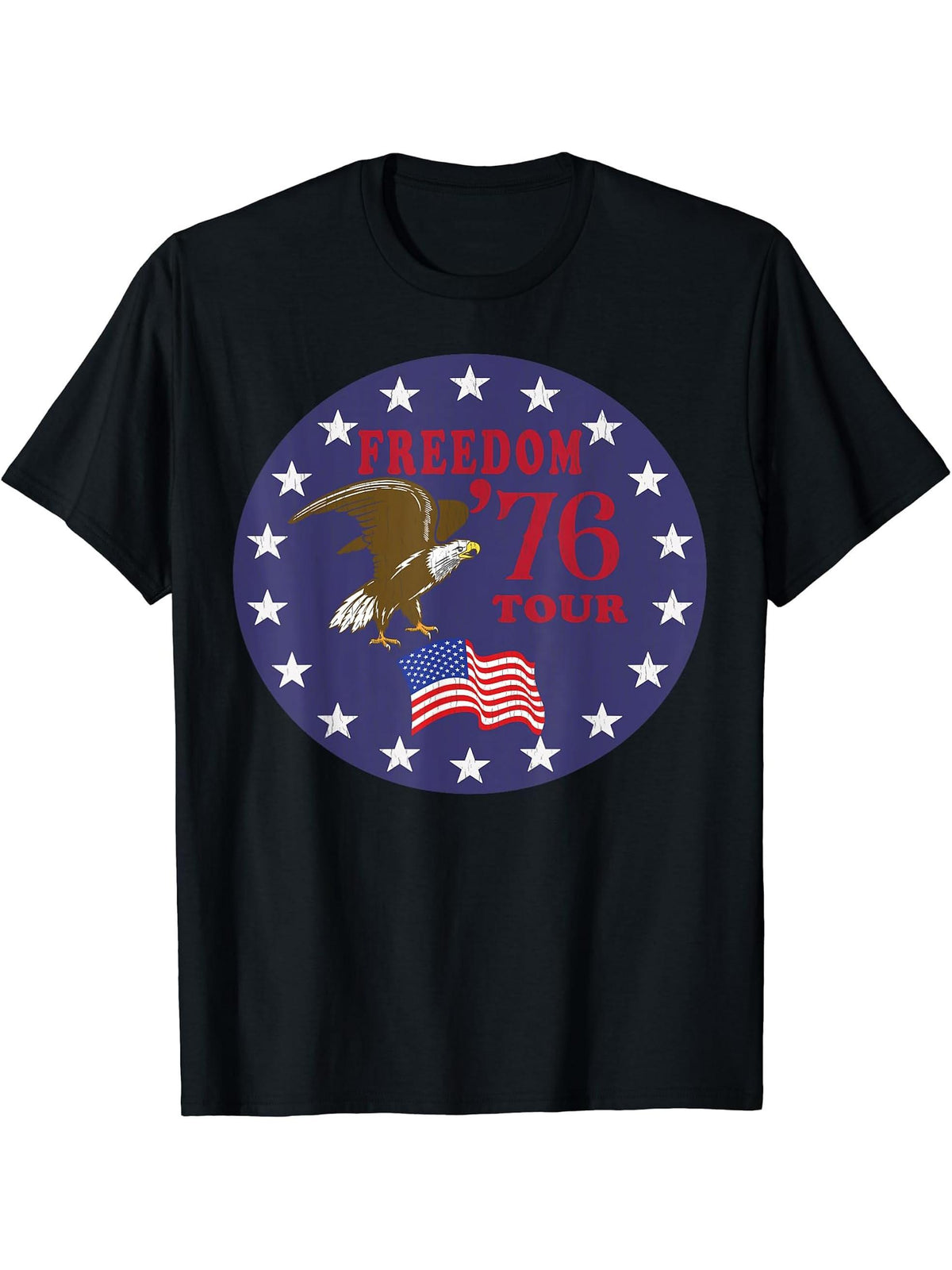Freedom Tour 1776 American Bald Eagle Conservative Patriot T-Shirt 180G 100% Cotton Printed Round Neck Short-Sleeve T-Shirt, Gifts for Men Dad Husband Grandpa, S-XXXL, Black
