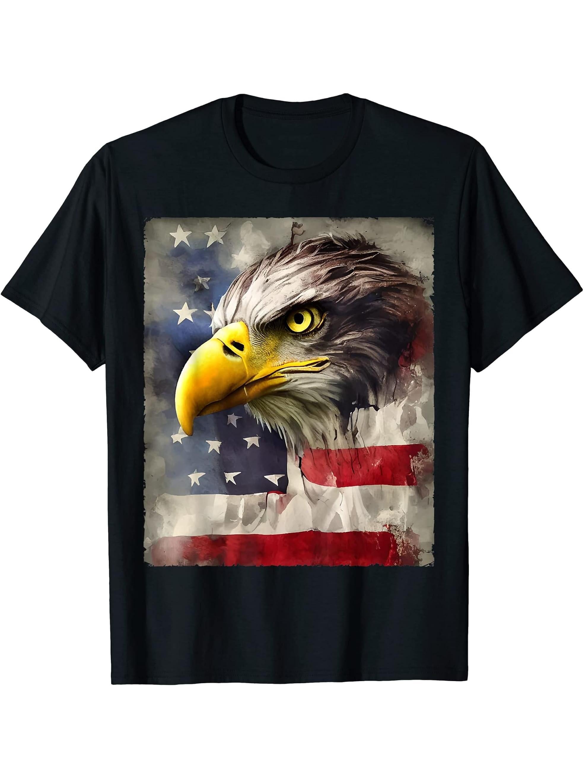 Art Painting American Bald Eagle With USA Flag 4th of July T-Shirt 180G 100% Cotton Printed Round Neck Short-Sleeve T-Shirt, Gifts for Men Dad Husband Grandpa, S-XXXL, Black