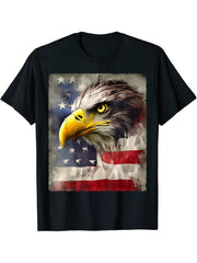 Art Painting American Bald Eagle With USA Flag 4th of July T-Shirt 180G 100% Cotton Printed Round Neck Short-Sleeve T-Shirt, Gifts for Men Dad Husband Grandpa, S-XXXL, Black
