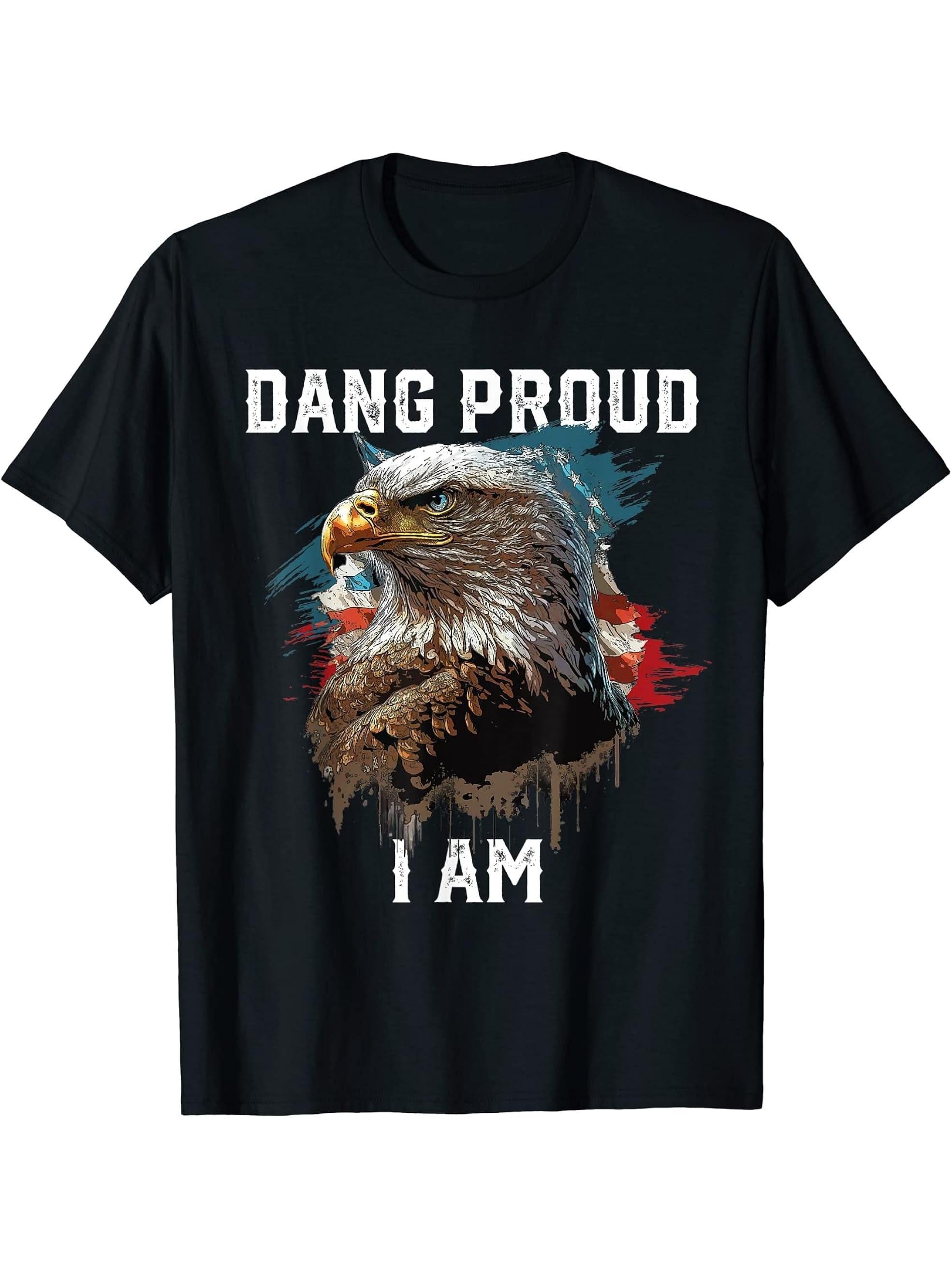 Dang Proud I Am American Bald Eagle America 4th Of July T-Shirt 180G 100% Cotton Printed Round Neck Short-Sleeve T-Shirt, Gifts for Men Dad Husband Grandpa, S-XXXL, Black