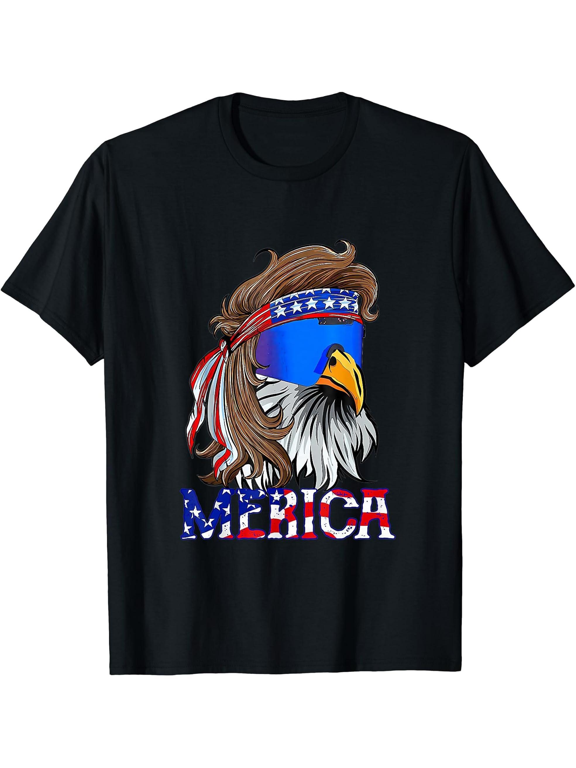 Bald Eagle Mullet Merica American Flag Patriotic 4th Of July T-Shirt 180G 100% Cotton Printed Round Neck Short-Sleeve T-Shirt, Gifts for Men Dad Husband Grandpa, S-XXXL, Black