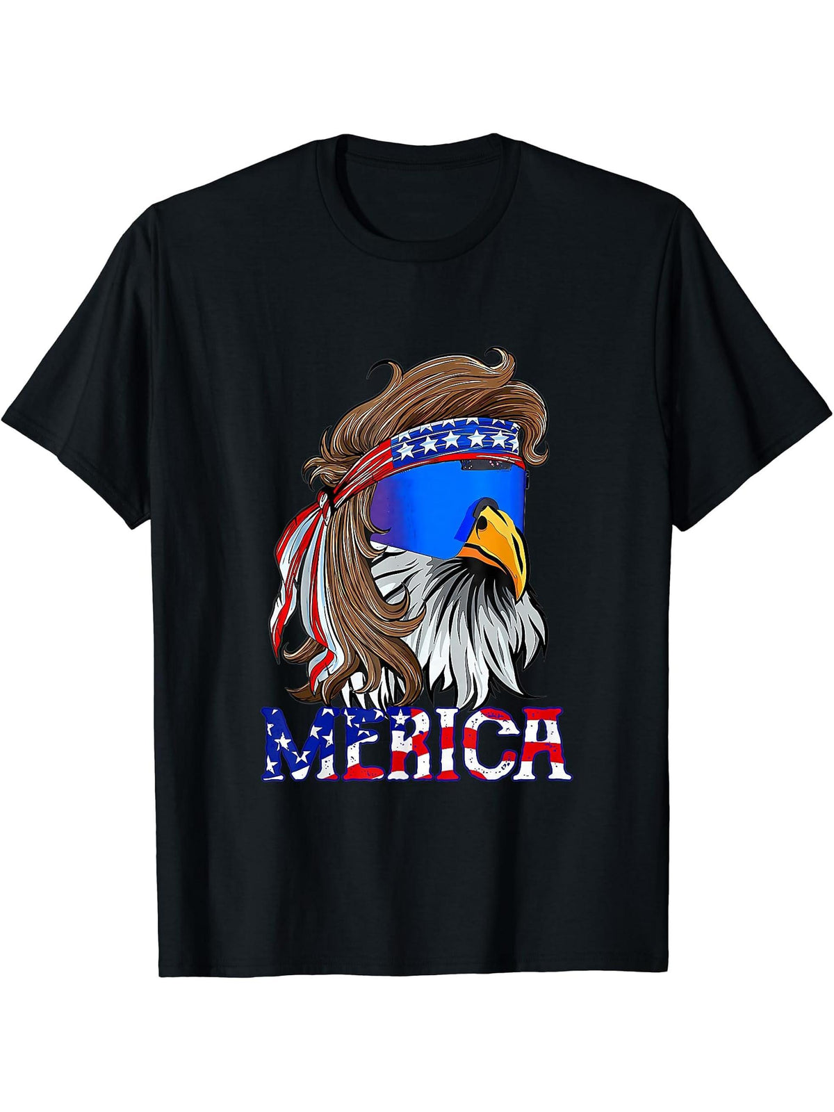Bald Eagle Mullet Merica American Flag Patriotic 4th Of July T-Shirt 180G 100% Cotton Printed Round Neck Short-Sleeve T-Shirt, Gifts for Men Dad Husband Grandpa, S-XXXL, Black
