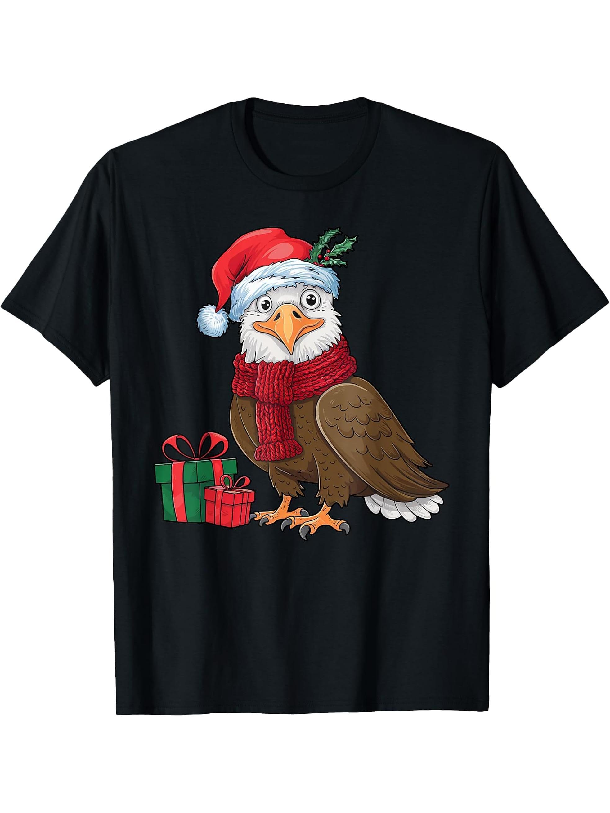 Funny Christmas Eagle Patriotic Bald Eagle With Santa Hat T-Shirt 180G 100% Cotton Printed Round Neck Short-Sleeve T-Shirt, Gifts for Men Dad Husband Grandpa, S-XXXL, Black