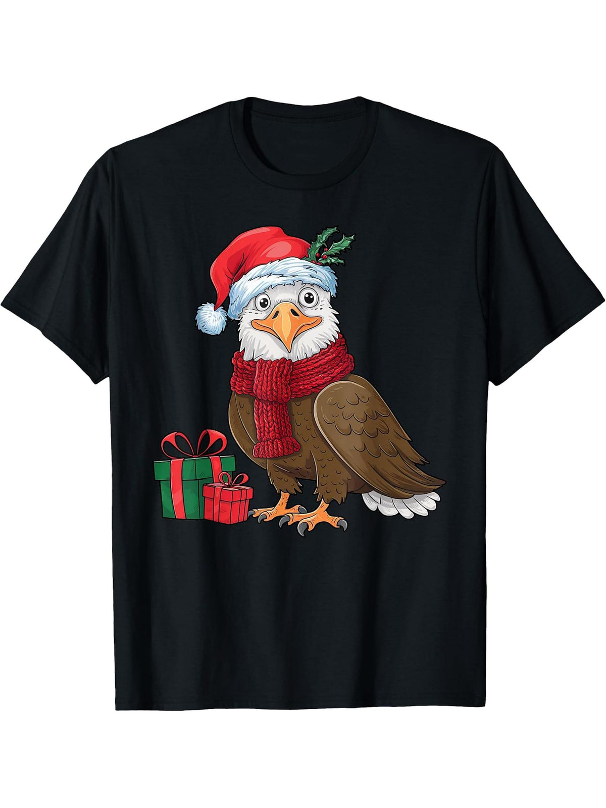 Funny Christmas Eagle Patriotic Bald Eagle With Santa Hat T-Shirt 180G 100% Cotton Printed Round Neck Short-Sleeve T-Shirt, Gifts for Men Dad Husband Grandpa, S-XXXL, Black