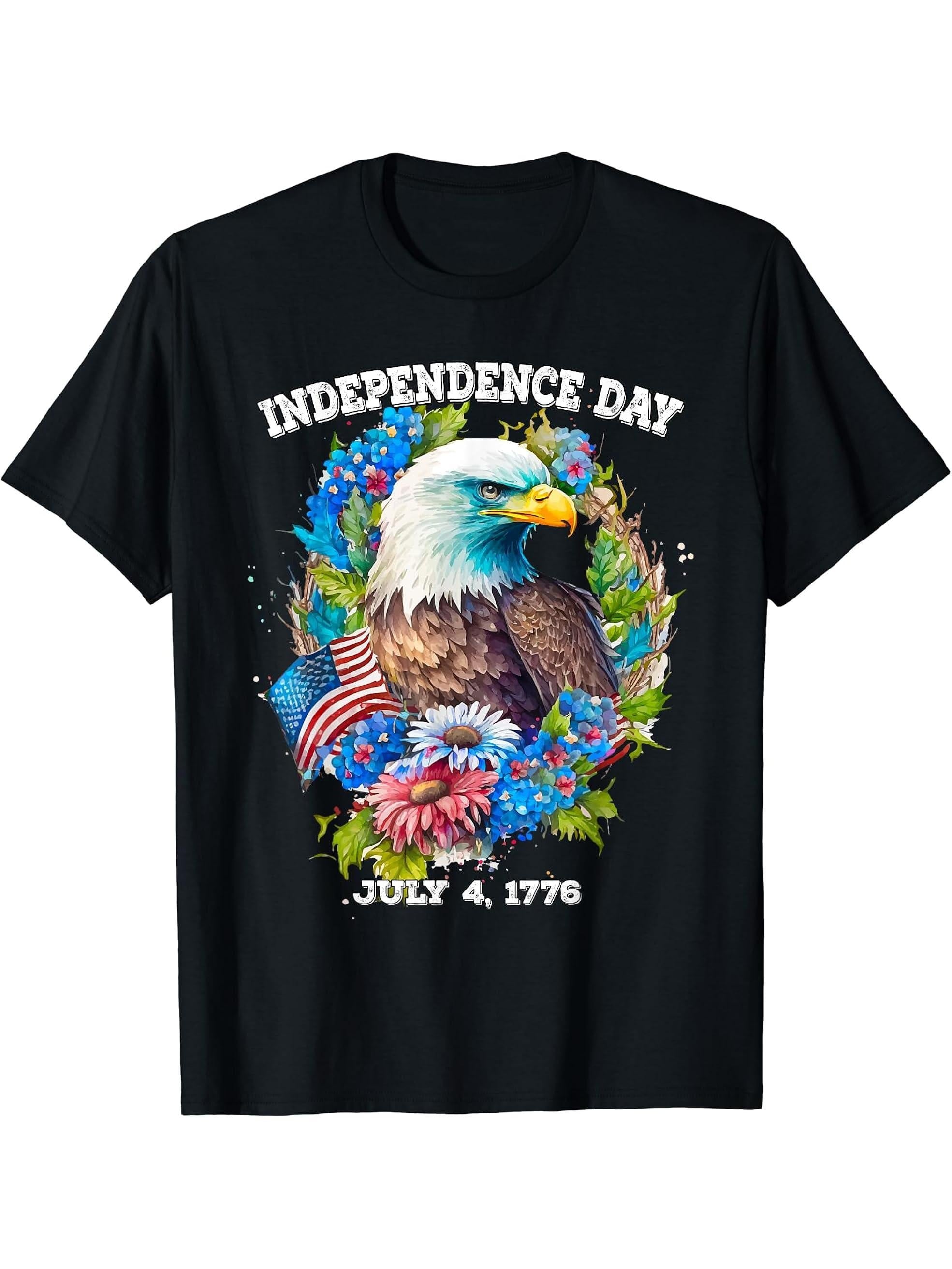 Flowers Bald Eagle American Flag for Independence Day T-Shirt 180G 100% Cotton Printed Round Neck Short-Sleeve T-Shirt, Gifts for Men Dad Husband Grandpa, S-XXXL, Black