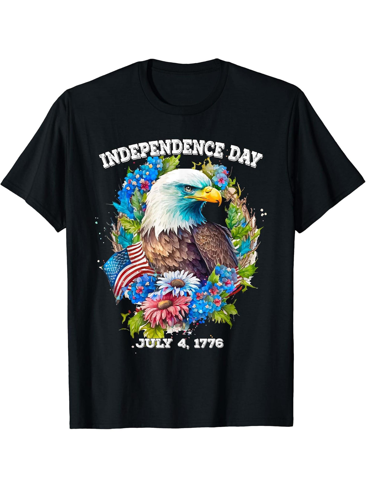 Flowers Bald Eagle American Flag for Independence Day T-Shirt 180G 100% Cotton Printed Round Neck Short-Sleeve T-Shirt, Gifts for Men Dad Husband Grandpa, S-XXXL, Black