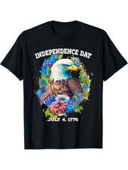Flowers Bald Eagle American Flag for Independence Day T-Shirt 180G 100% Cotton Printed Round Neck Short-Sleeve T-Shirt, Gifts for Men Dad Husband Grandpa, S-XXXL, Black