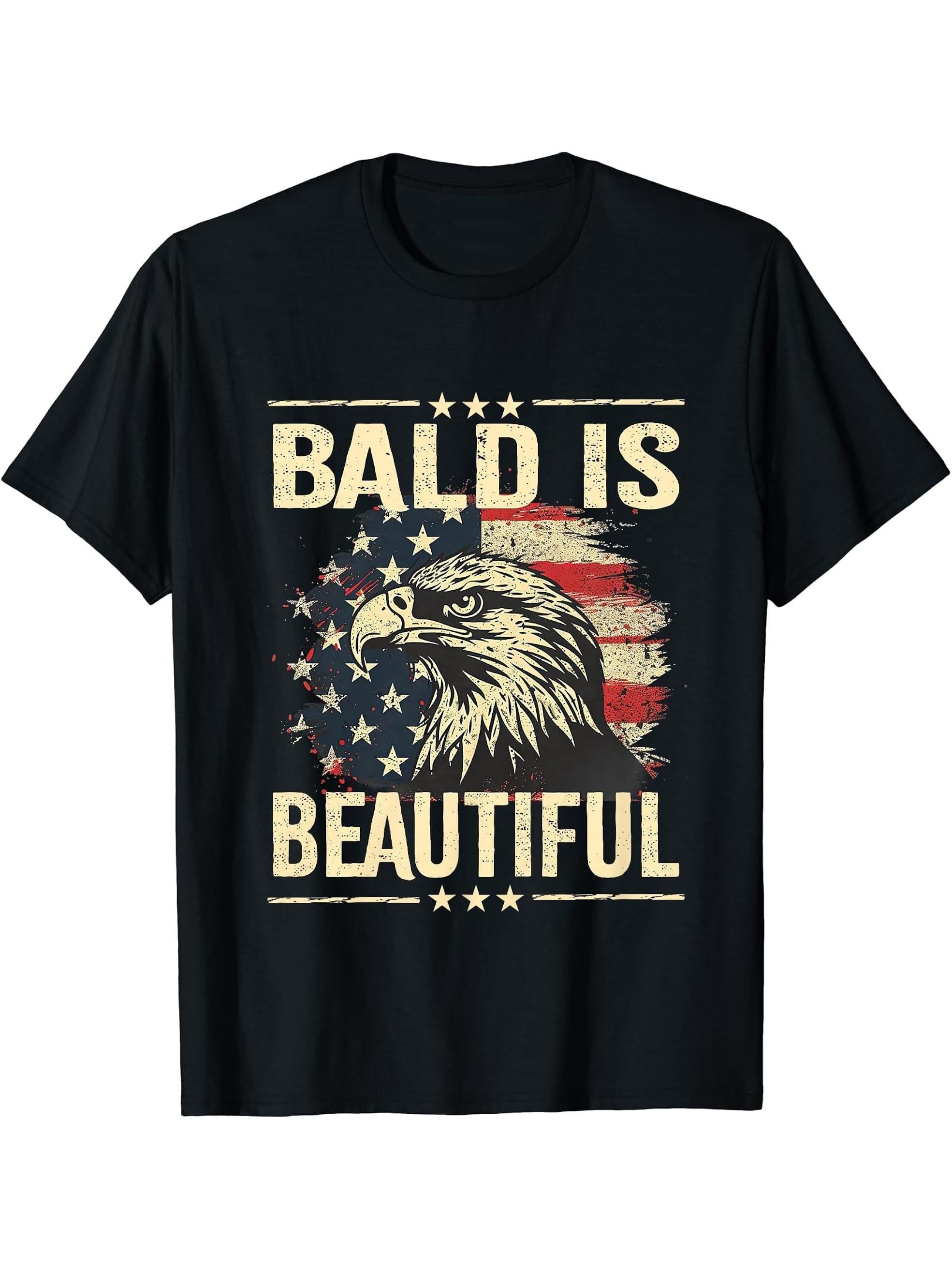 Bald Is Beautiful 4th Of July Patriotic Eagle American Men T-Shirt 180G 100% Cotton Printed Round Neck Short-Sleeve T-Shirt, Gifts for Men Dad Husband Grandpa, S-XXXL, Black