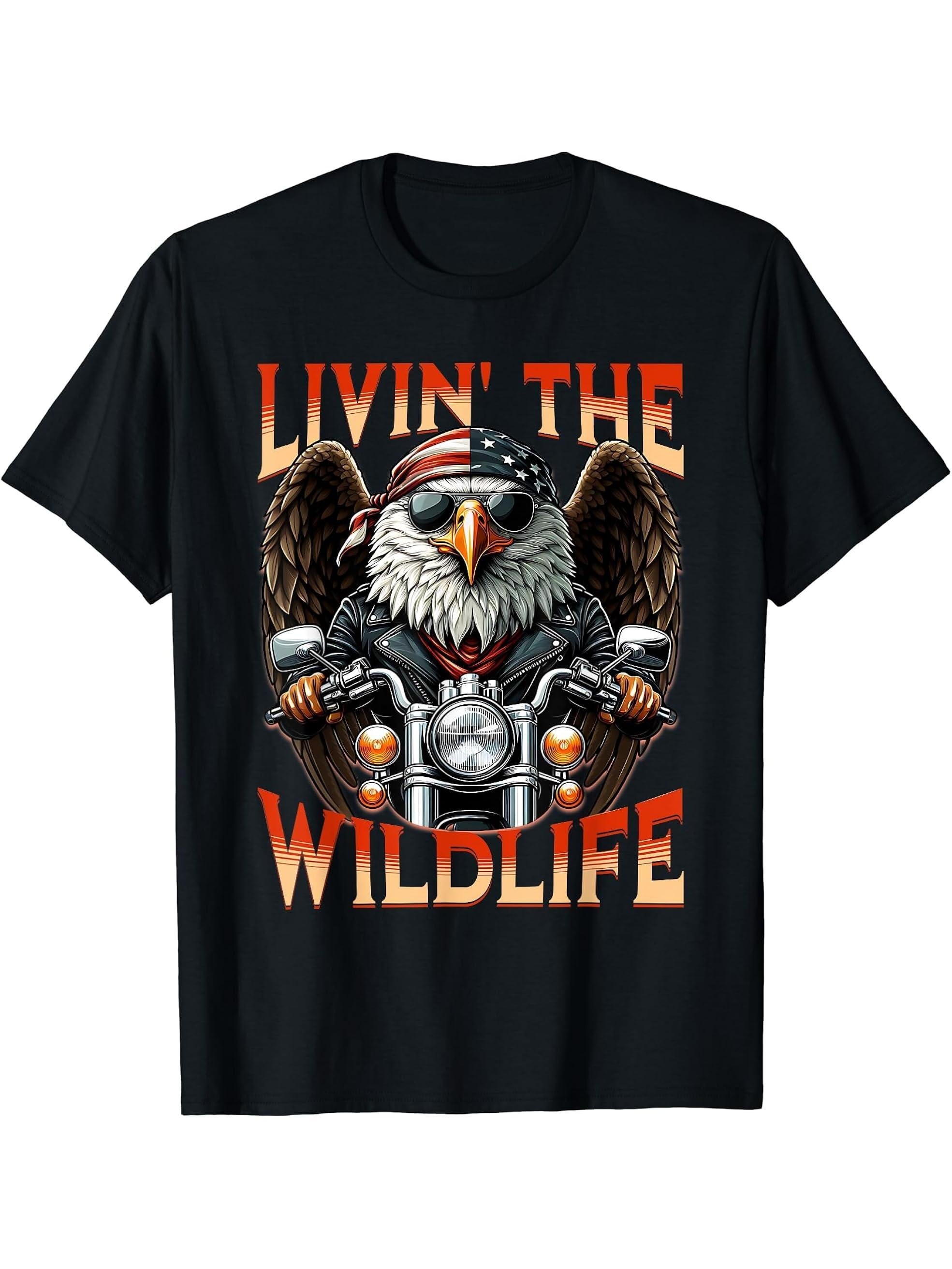 American Bald Eagle Biker s 'Patriotic American Wildlife' T-Shirt 180G 100% Cotton Printed Round Neck Short-Sleeve T-Shirt, Gifts for Men Dad Husband Grandpa, S-XXXL, Black