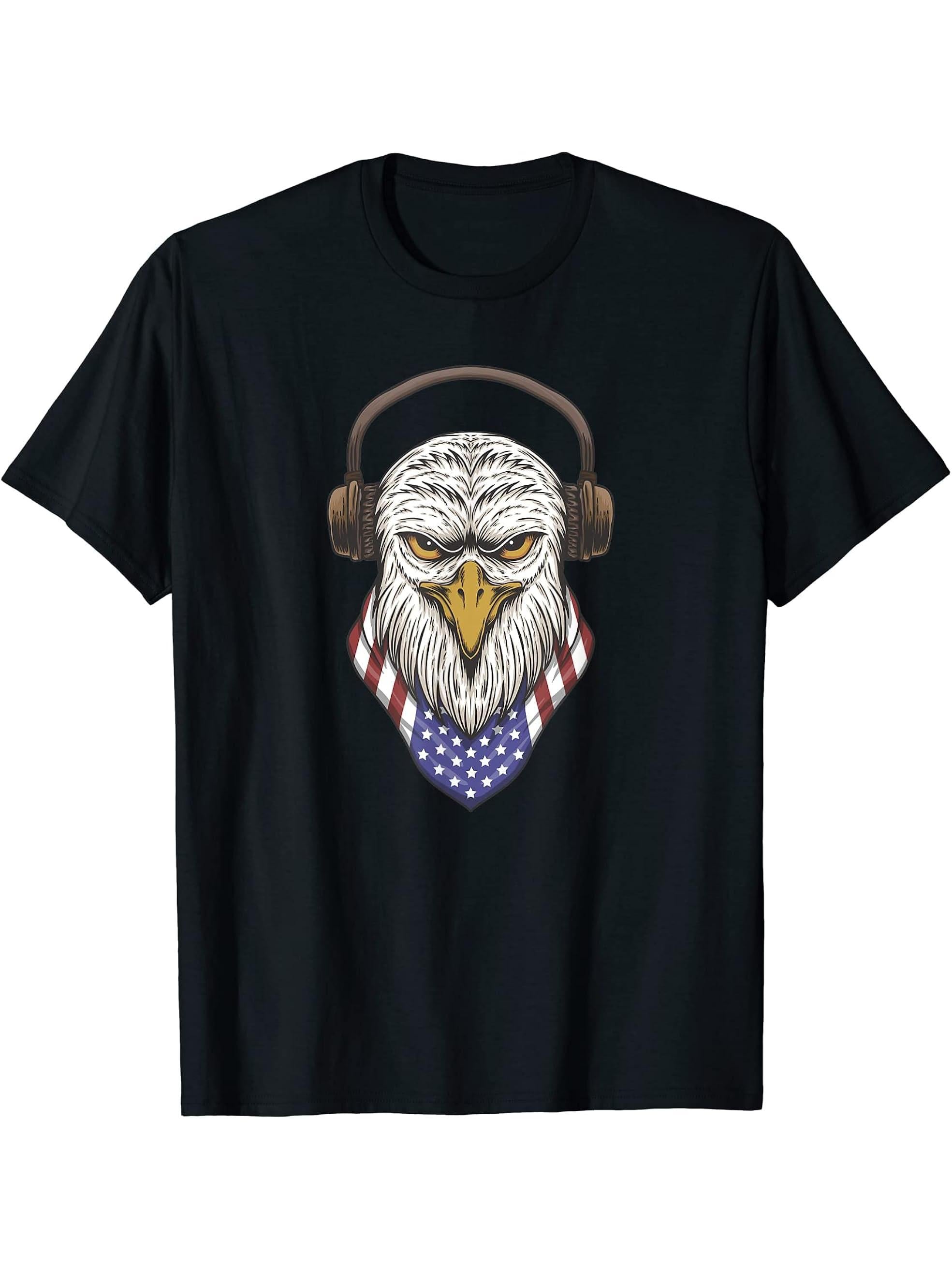 Bald Eagle Wearing Headphones USA US Flag Bird 4th of July T-Shirt 180G 100% Cotton Printed Round Neck Short-Sleeve T-Shirt, Gifts for Men Dad Husband Grandpa, S-XXXL, Black
