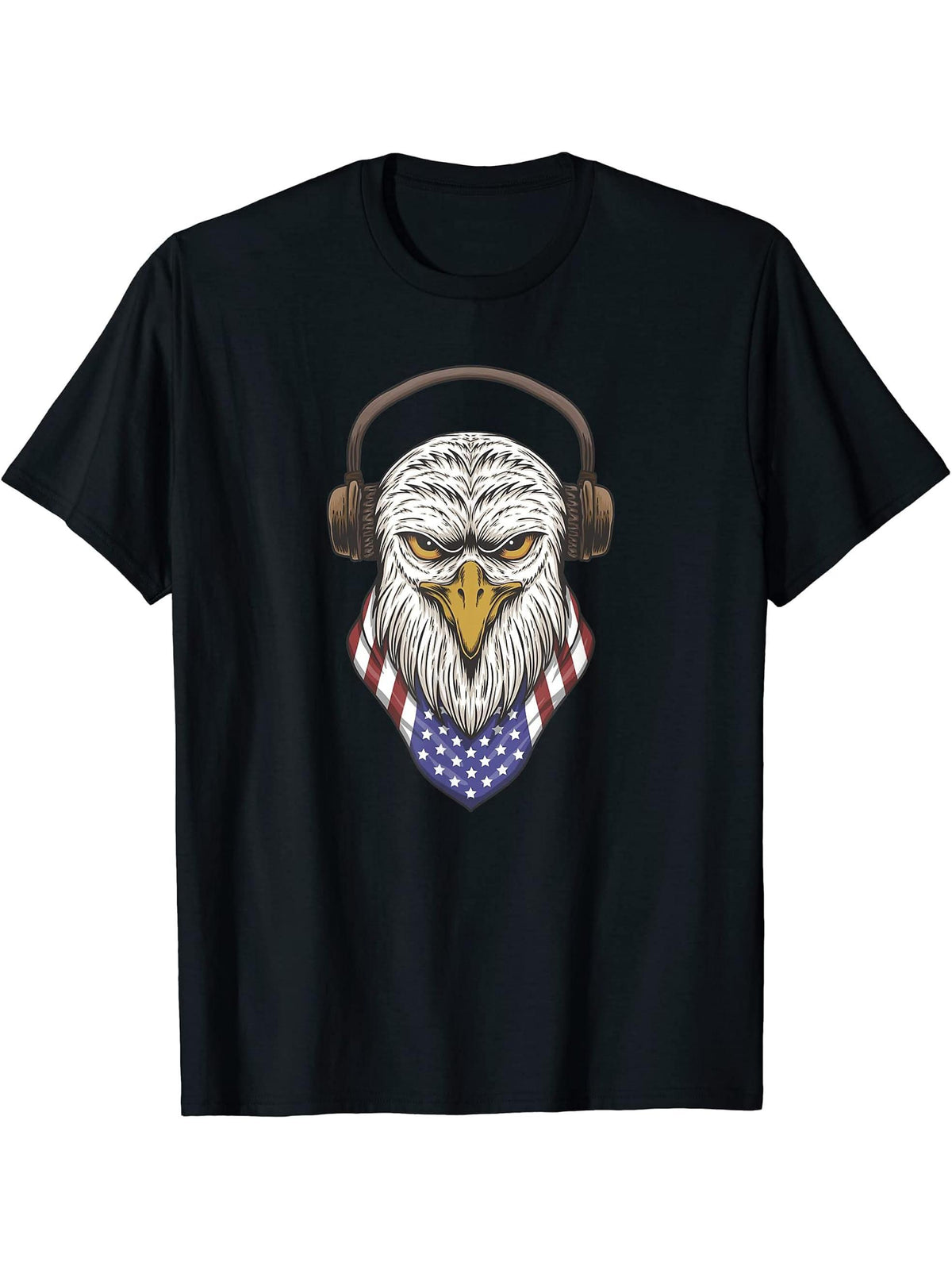 Bald Eagle Wearing Headphones USA US Flag Bird 4th of July T-Shirt 180G 100% Cotton Printed Round Neck Short-Sleeve T-Shirt, Gifts for Men Dad Husband Grandpa, S-XXXL, Black