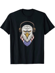 Bald Eagle Wearing Headphones USA US Flag Bird 4th of July T-Shirt 180G 100% Cotton Printed Round Neck Short-Sleeve T-Shirt, Gifts for Men Dad Husband Grandpa, S-XXXL, Black