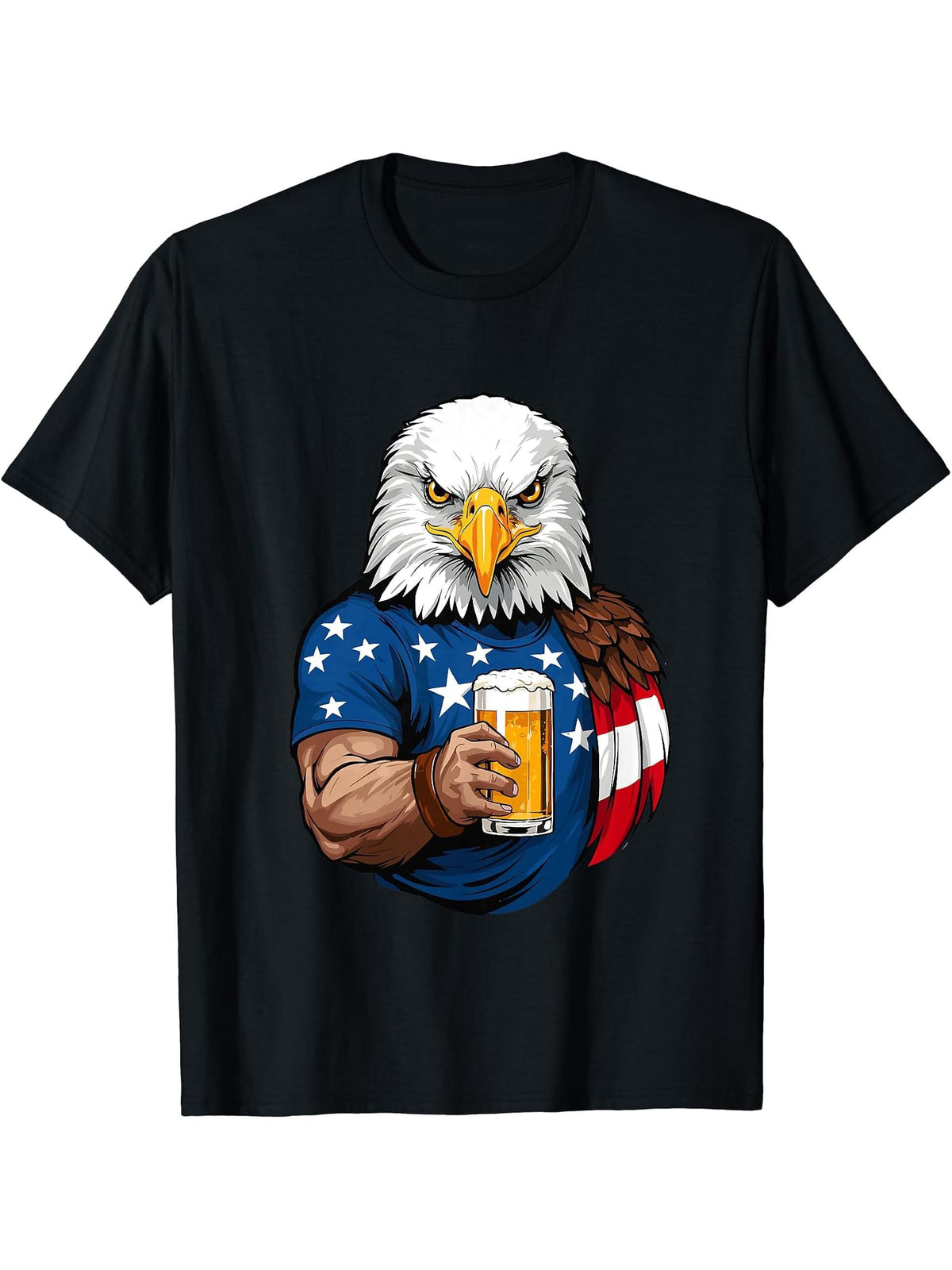 Boozing Bald Eagle With Beer Mug Celebrate Freedom T-Shirt 180G 100% Cotton Printed Round Neck Short-Sleeve T-Shirt, Gifts for Men Dad Husband Grandpa, S-XXXL, Black