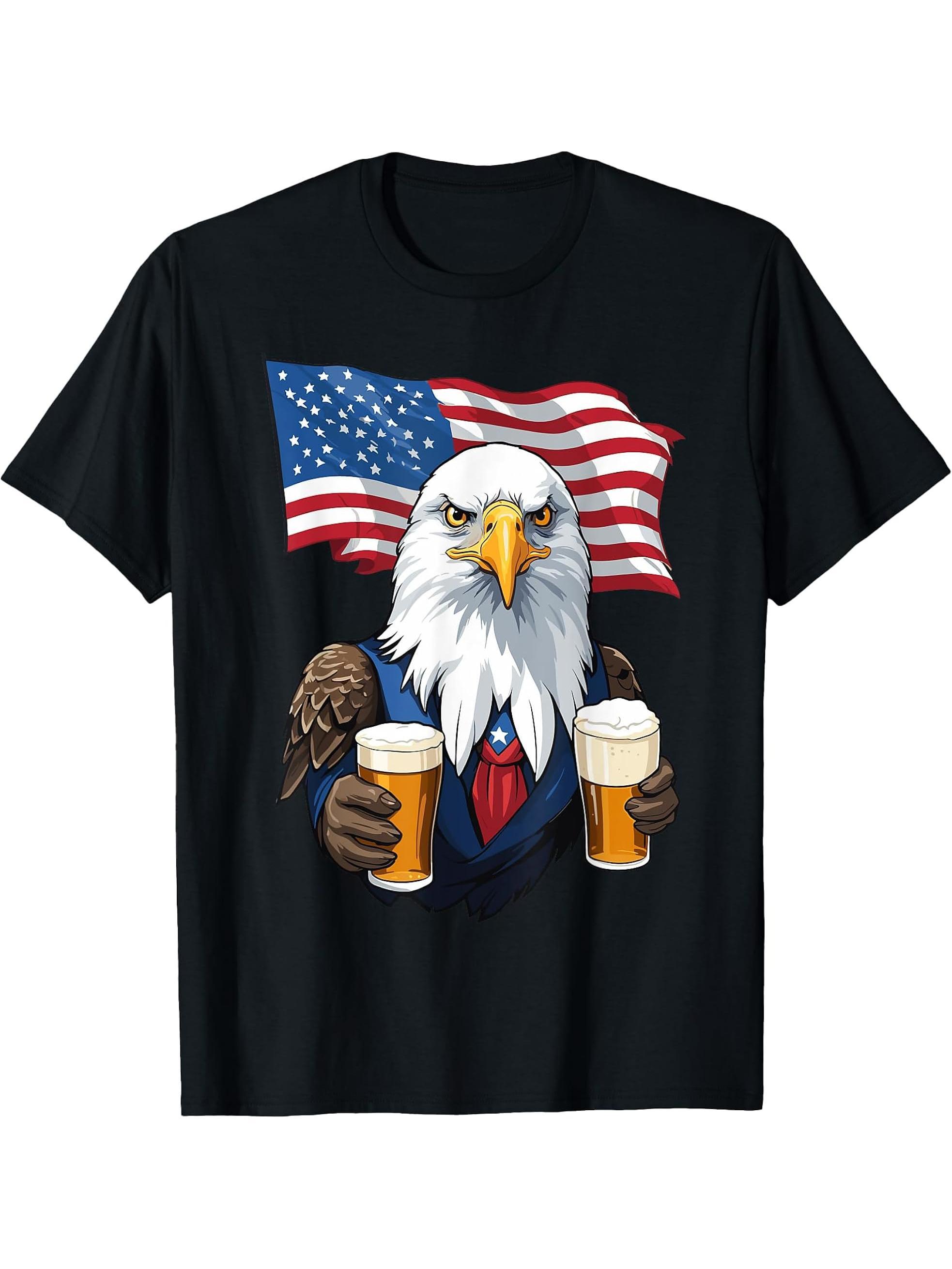 Boozing Bald Eagle With Beer Mug Funny Design T-Shirt 180G 100% Cotton Printed Round Neck Short-Sleeve T-Shirt, Gifts for Men Dad Husband Grandpa, S-XXXL, Black