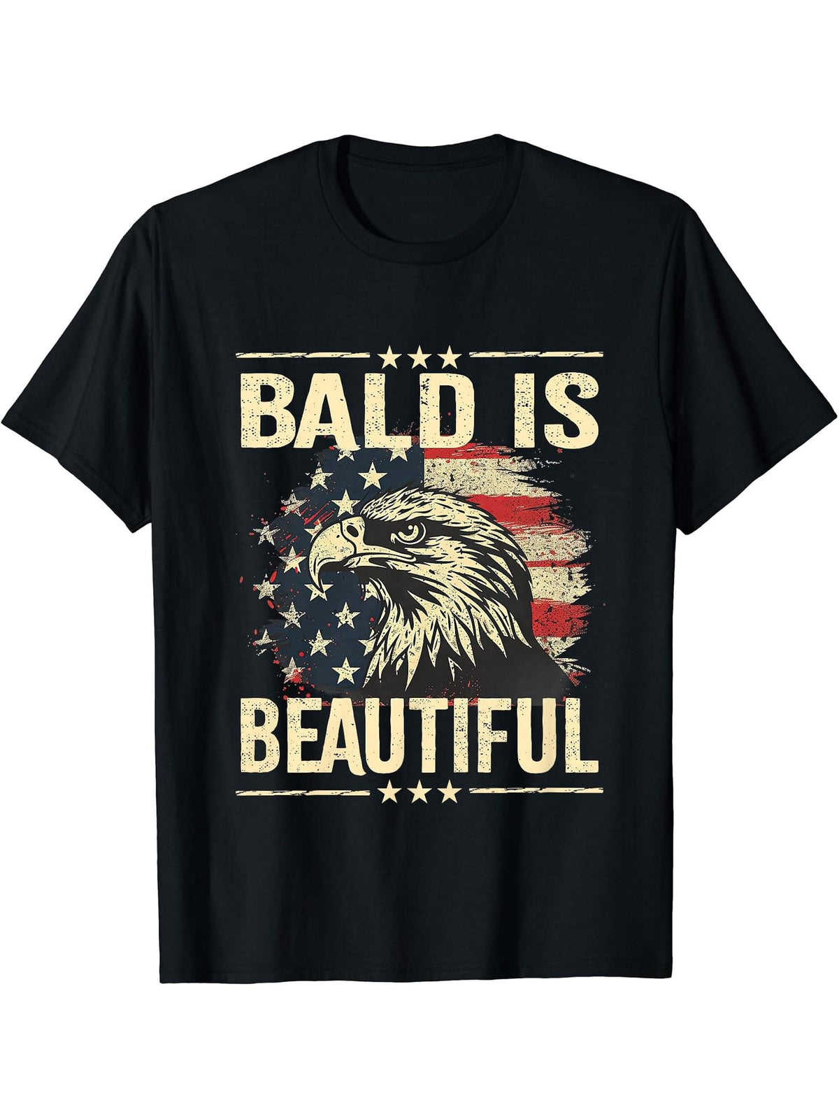 Bald Is Beautiful 4th Of July Patriotic Eagle American Men T-Shirt 180G 100% Cotton Printed Round Neck Short-Sleeve T-Shirt, Gifts for Men Dad Husband Grandpa, S-XXXL, Black