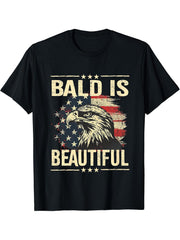 Bald Is Beautiful 4th Of July Patriotic Eagle American Men T-Shirt 180G 100% Cotton Printed Round Neck Short-Sleeve T-Shirt, Gifts for Men Dad Husband Grandpa, S-XXXL, Black