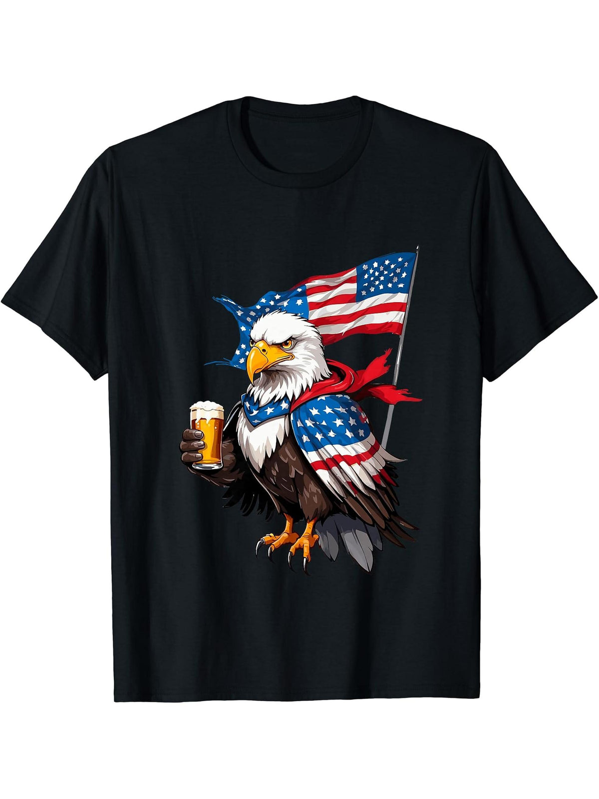 Boozing Bald Eagle With Beer Mug Celebrate Freedom T-Shirt 180G 100% Cotton Printed Round Neck Short-Sleeve T-Shirt, Gifts for Men Dad Husband Grandpa, S-XXXL, Black