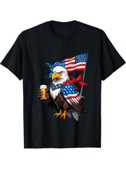 Boozing Bald Eagle With Beer Mug Celebrate Freedom T-Shirt 180G 100% Cotton Printed Round Neck Short-Sleeve T-Shirt, Gifts for Men Dad Husband Grandpa, S-XXXL, Black