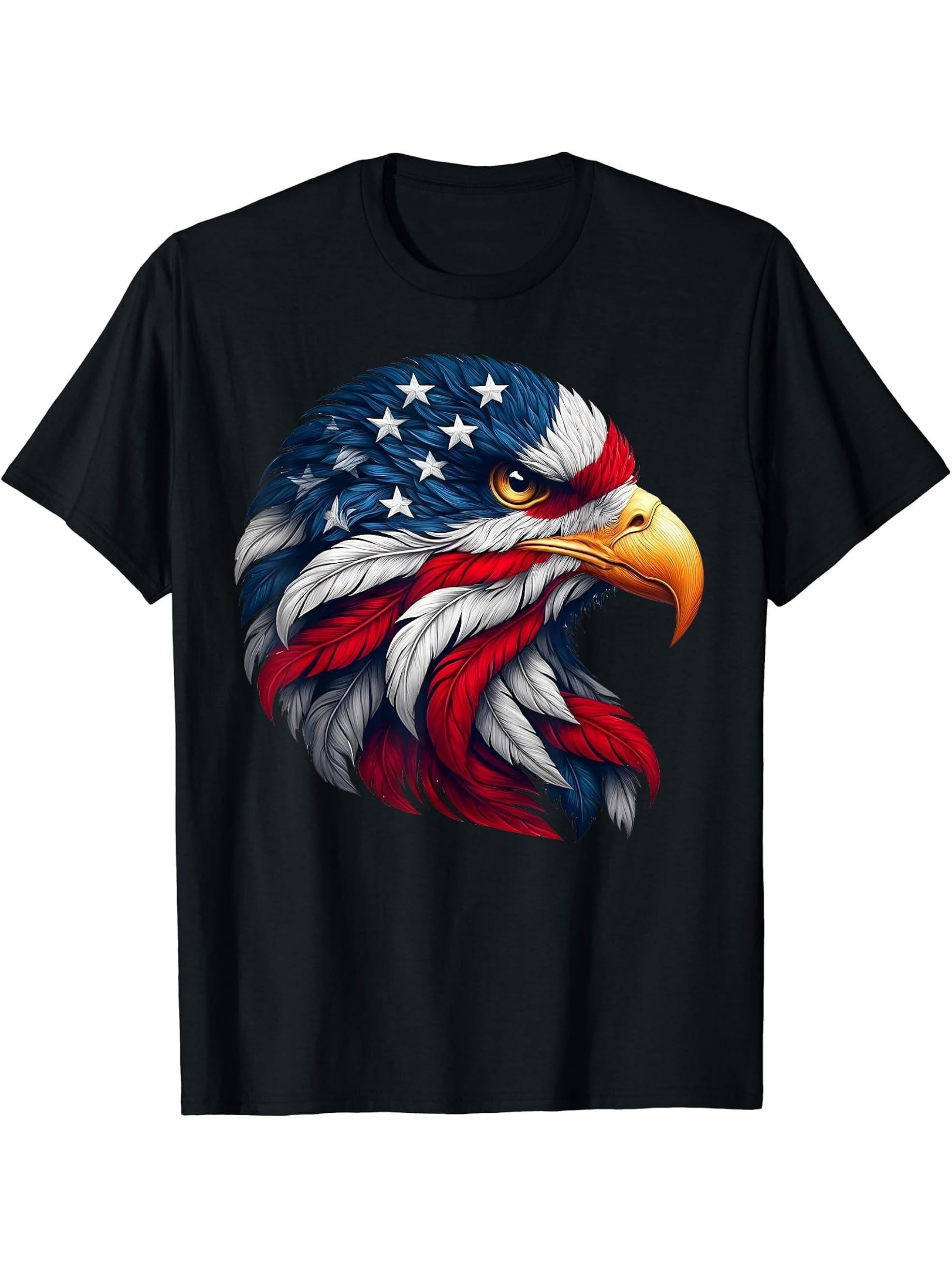 Bald Eagle 4th of July American Flag Patriotic Freedom USA T-Shirt 180G 100% Cotton Printed Round Neck Short-Sleeve T-Shirt, Gifts for Men Dad Husband Grandpa, S-XXXL, Black